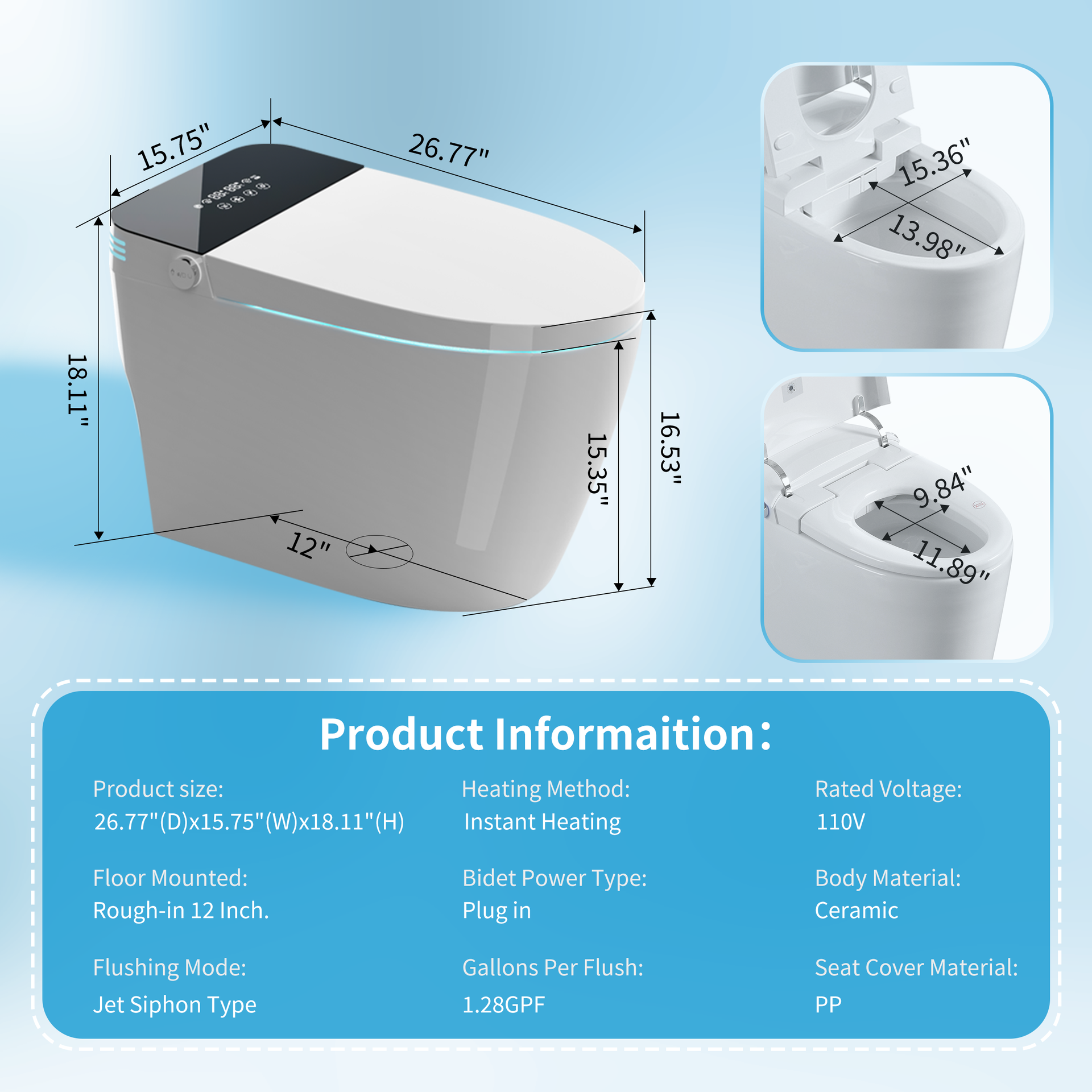 Tankless Smart Toilet With Bidet Built In, One-piece Bidet Toilet Seat, Auto Flush, Auto Open/Close,Heated Seat, Warm Water and Dry, Adjustable Temp,Remote Control Side Know