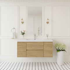 48" Floating Bathroom Vanity with Sink, Modern Wall-Mounted Bathroom Storage Vanity Cabinet with Solid Surface Top Basin and Soft Close Drawers, Fully Assembled Natural Oak GF-24V11-48NO-W1573P152702