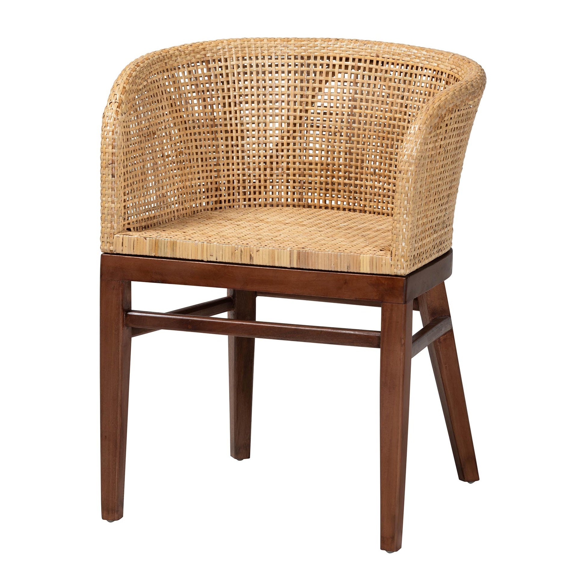 Modern Bohemian Natural Rattan and Walnut Brown Acacia Wood Dining Chair
