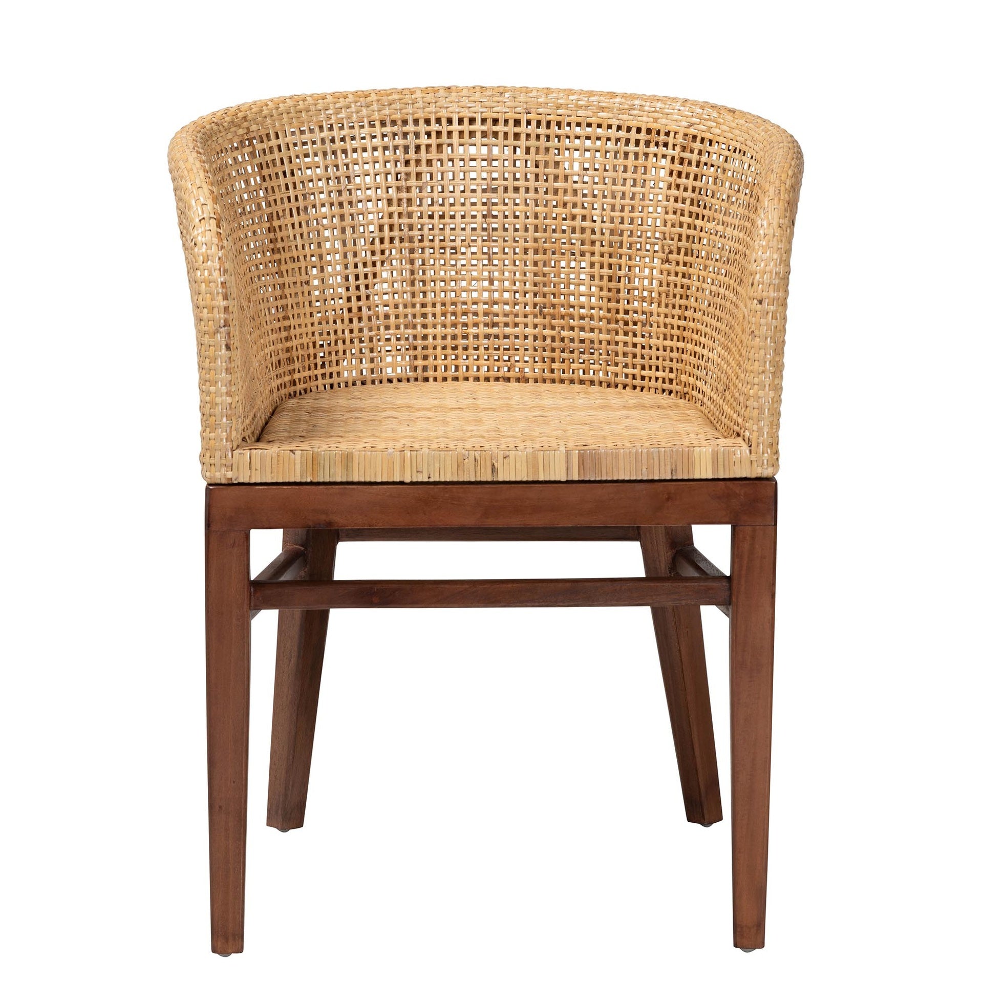 Modern Bohemian Natural Rattan and Walnut Brown Acacia Wood Dining Chair