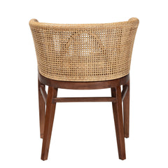 Modern Bohemian Natural Rattan and Walnut Brown Acacia Wood Dining Chair