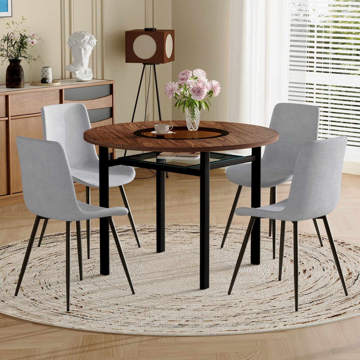 Table and chair set.42 inch modern minimalist brown wood grain round dining table set.Paired with 4 Light Gray Linen Dining Chairs With Curved Widened Cushion. Suitable for dining rooms,office,etc.