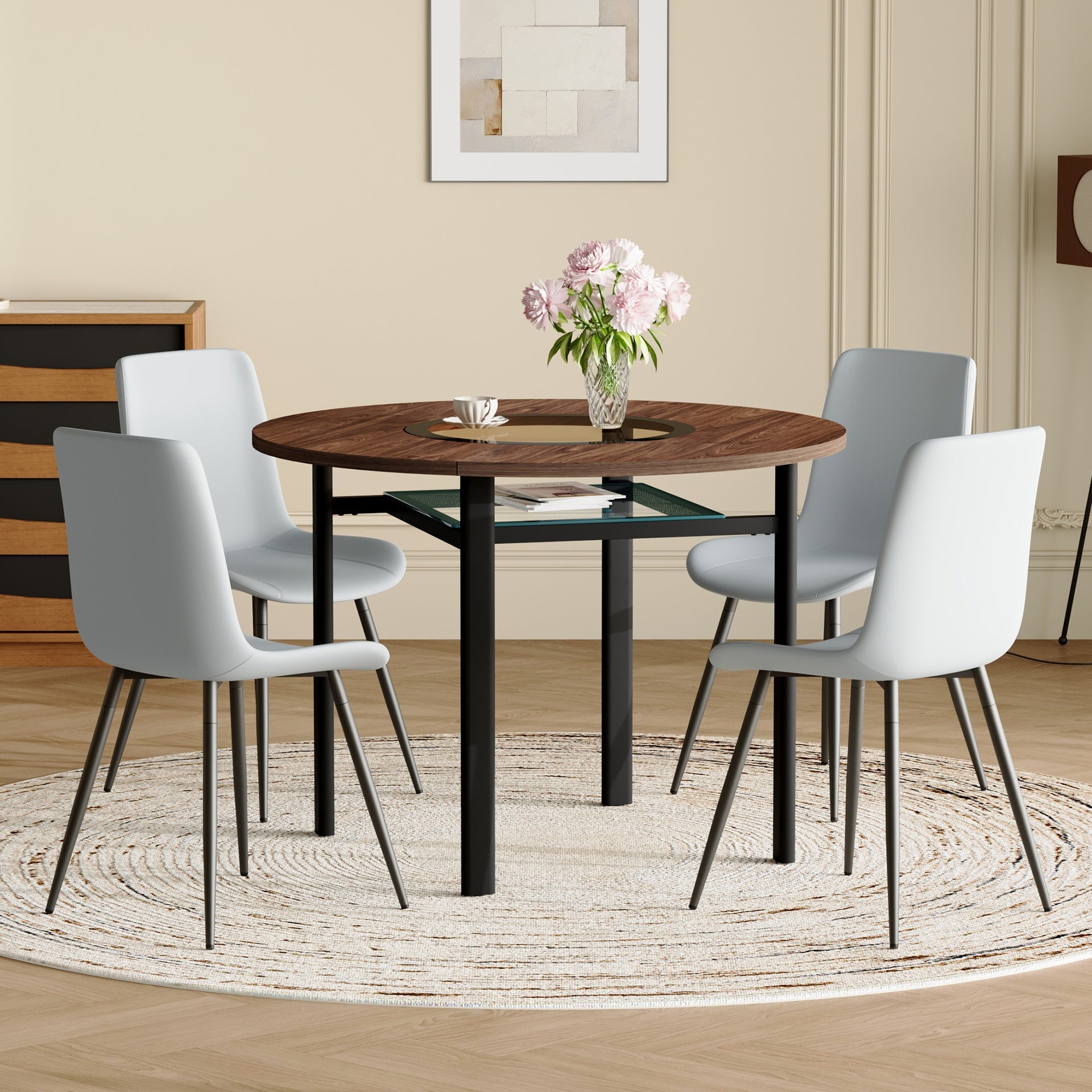 Table and chair set.42 inch modern minimalist brown wood grain round dining table set.Paired with 4 Light Gray Linen Dining Chairs With Curved Widened Cushion. Suitable for dining rooms,office,etc.