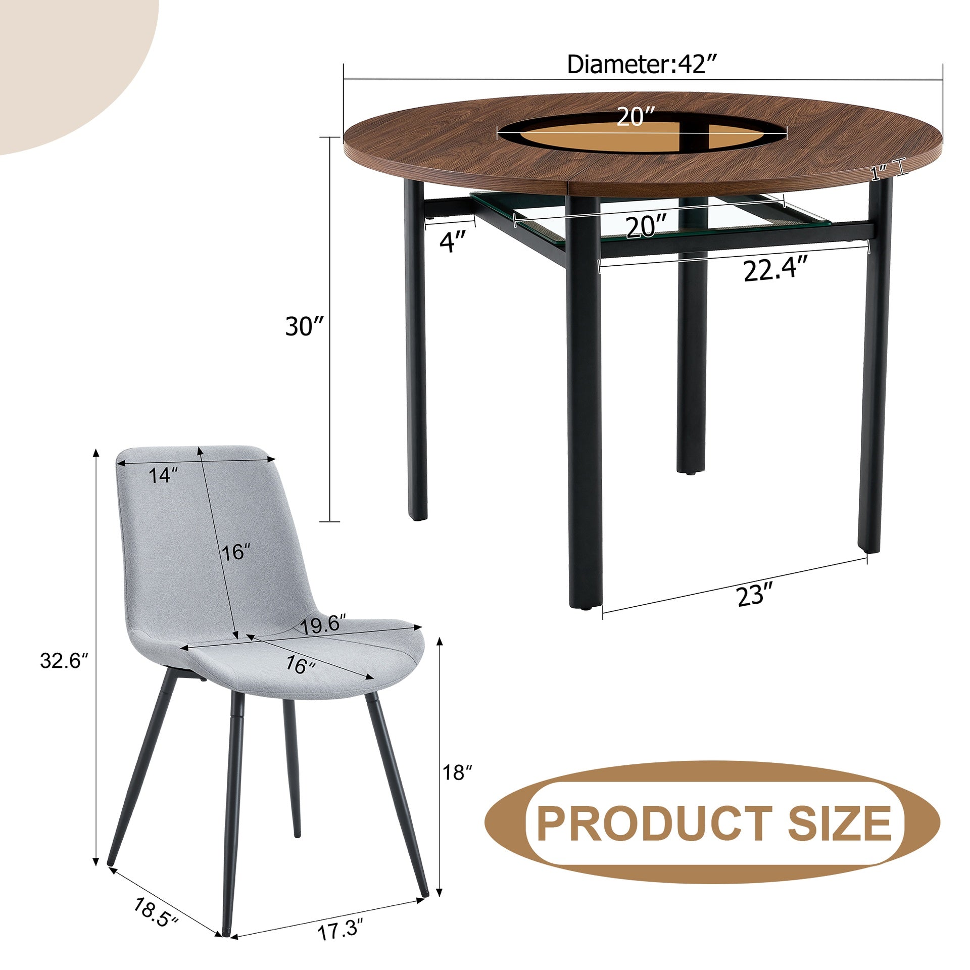 Table and chair set.42 inch modern minimalist brown wood grain round dining table set.Paired with 4 Light Gray Linen Dining Chairs With Curved Widened Cushion. Suitable for dining rooms,office,etc.