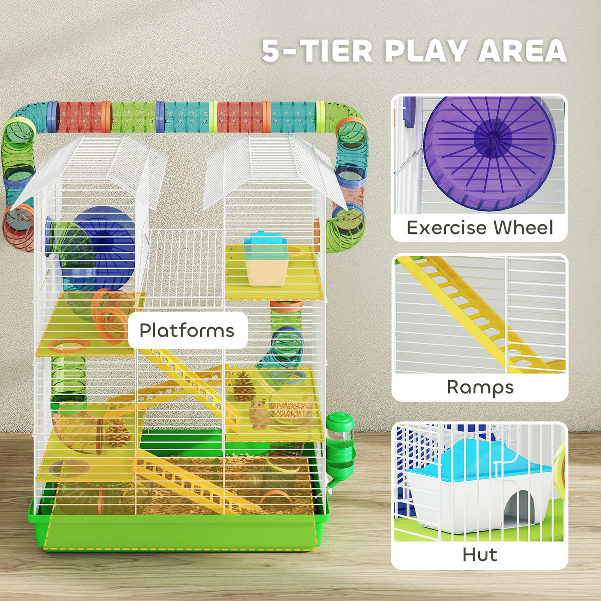 PawHut 18.5" 5 Tier Hamster Cage with Tubes and Tunnels, Small Animal Cage, Rat Gerbil Cage with Water Bottle, Food Dish, Exercise Wheel, Green