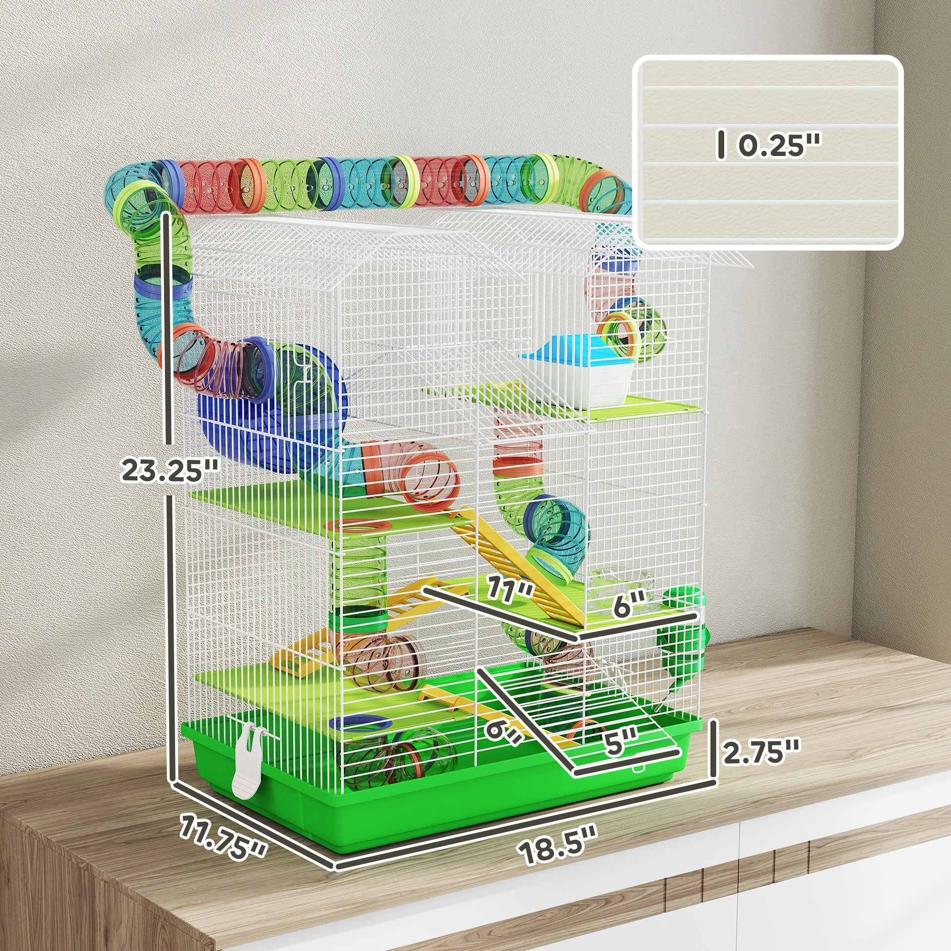 PawHut 18.5" 5 Tier Hamster Cage with Tubes and Tunnels, Small Animal Cage, Rat Gerbil Cage with Water Bottle, Food Dish, Exercise Wheel, Green