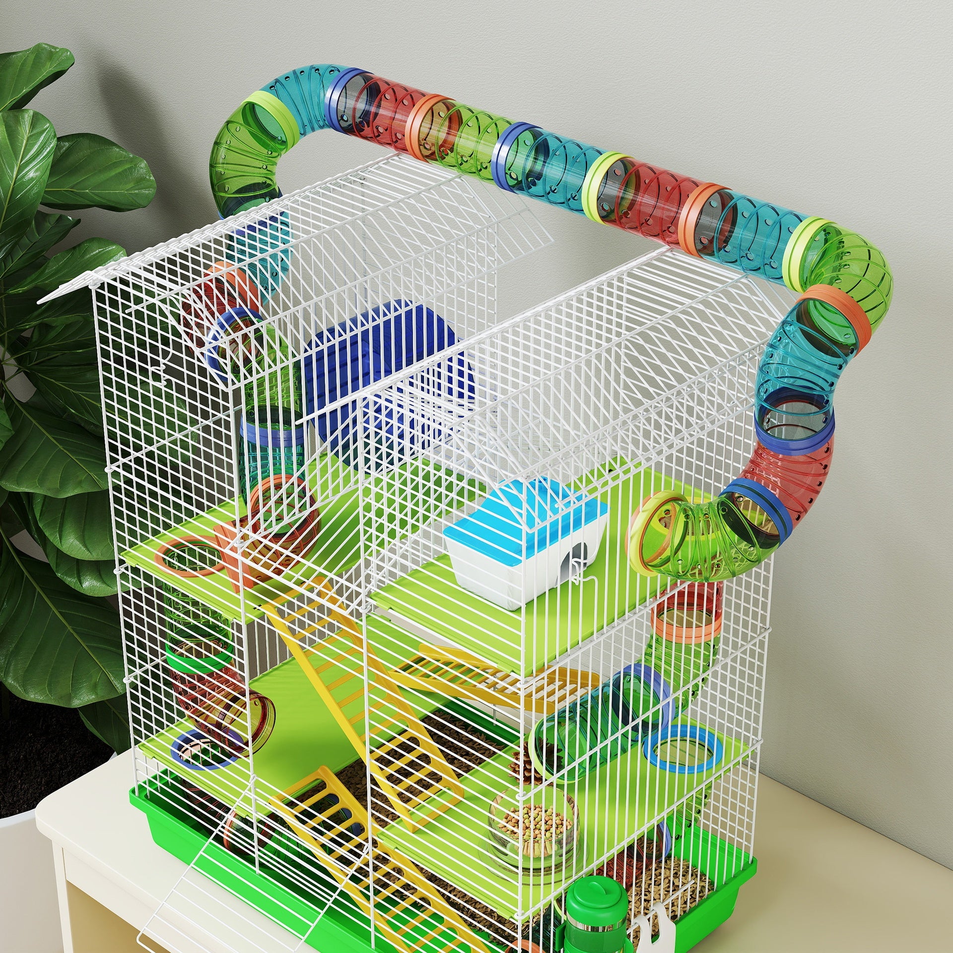 PawHut 18.5" 5 Tier Hamster Cage with Tubes and Tunnels, Small Animal Cage, Rat Gerbil Cage with Water Bottle, Food Dish, Exercise Wheel, Green