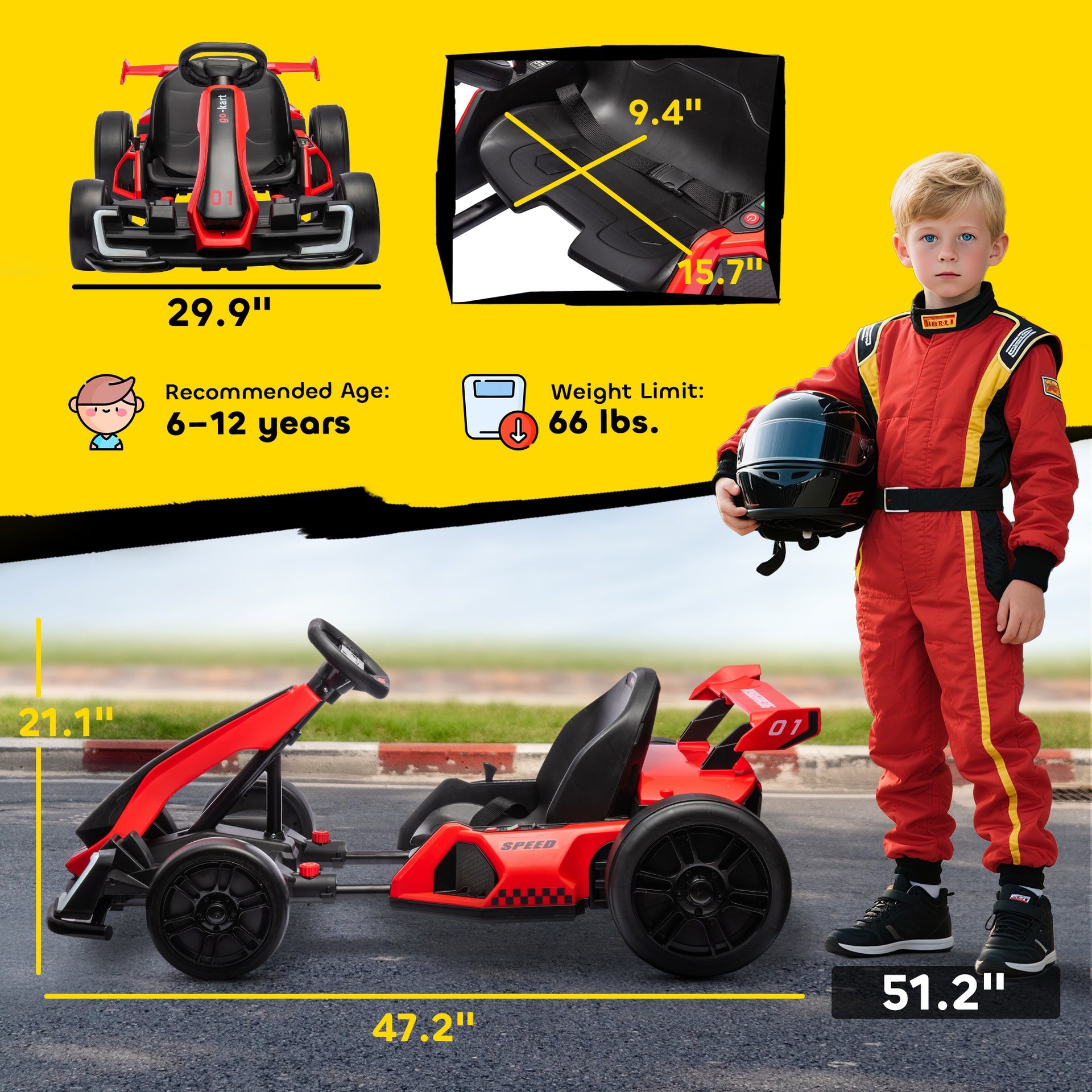 Aosom 24V 7.5 MPH Electric Go Kart with Adjustable Seat, Slow Start, Red