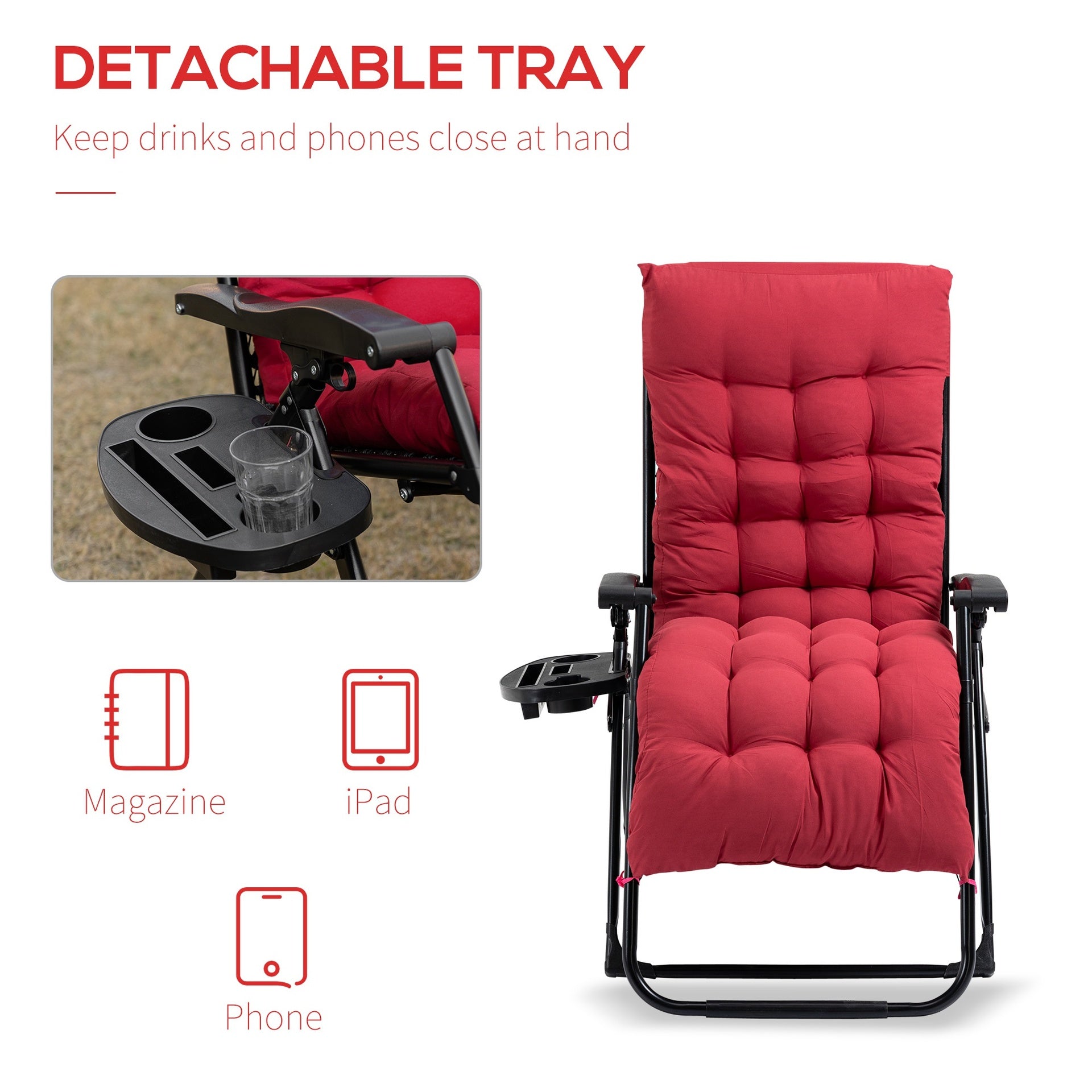 Outsunny Padded Zero Gravity Chair, Folding Recliner Chair with Cup Holder Cushion, Red