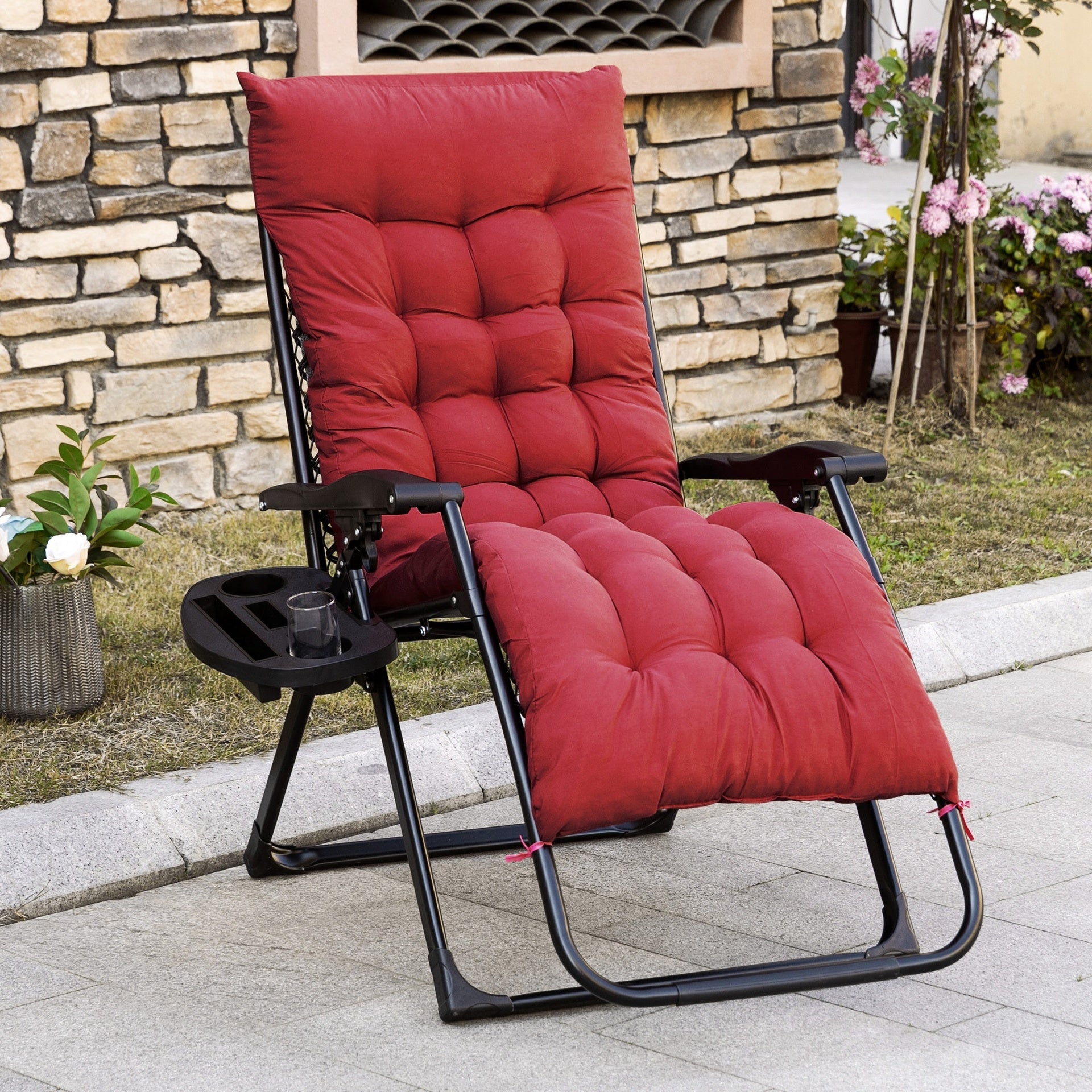 Outsunny Padded Zero Gravity Chair, Folding Recliner Chair with Cup Holder Cushion, Red