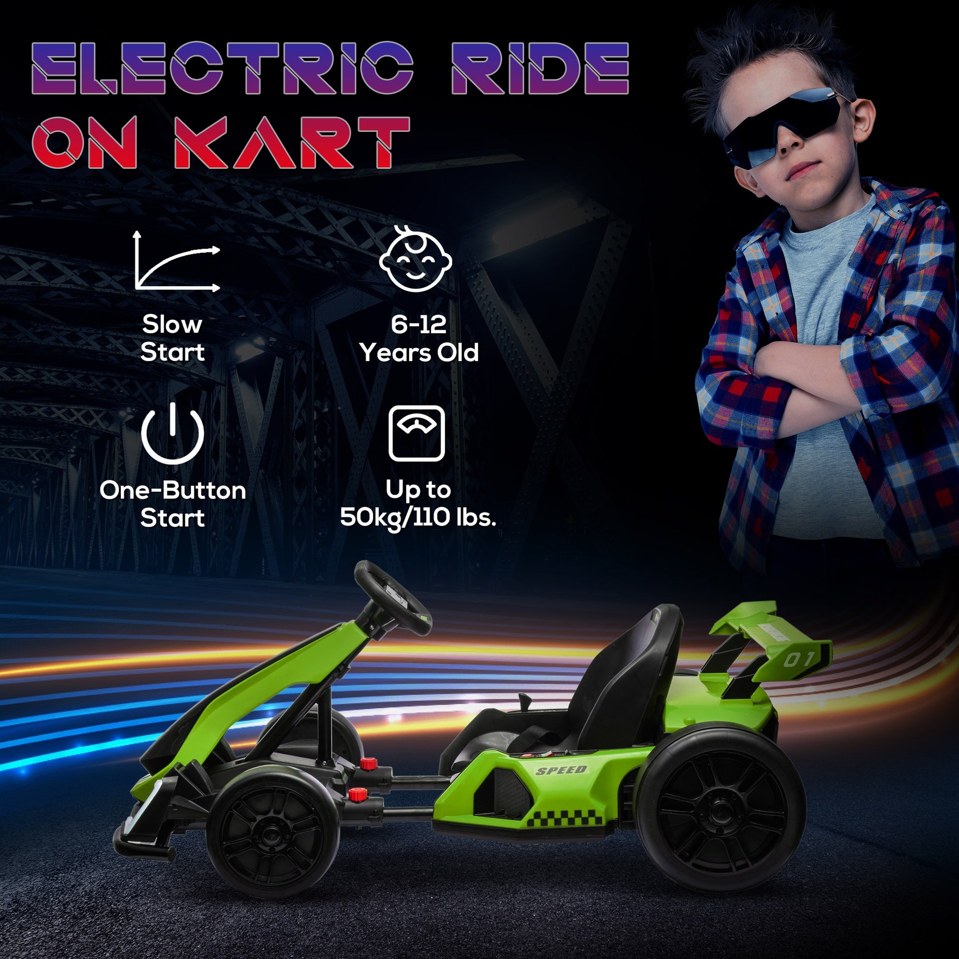 Aosom 24V 7.5 MPH Electric Go Kart with Adjustable Seat, Slow Start, Green