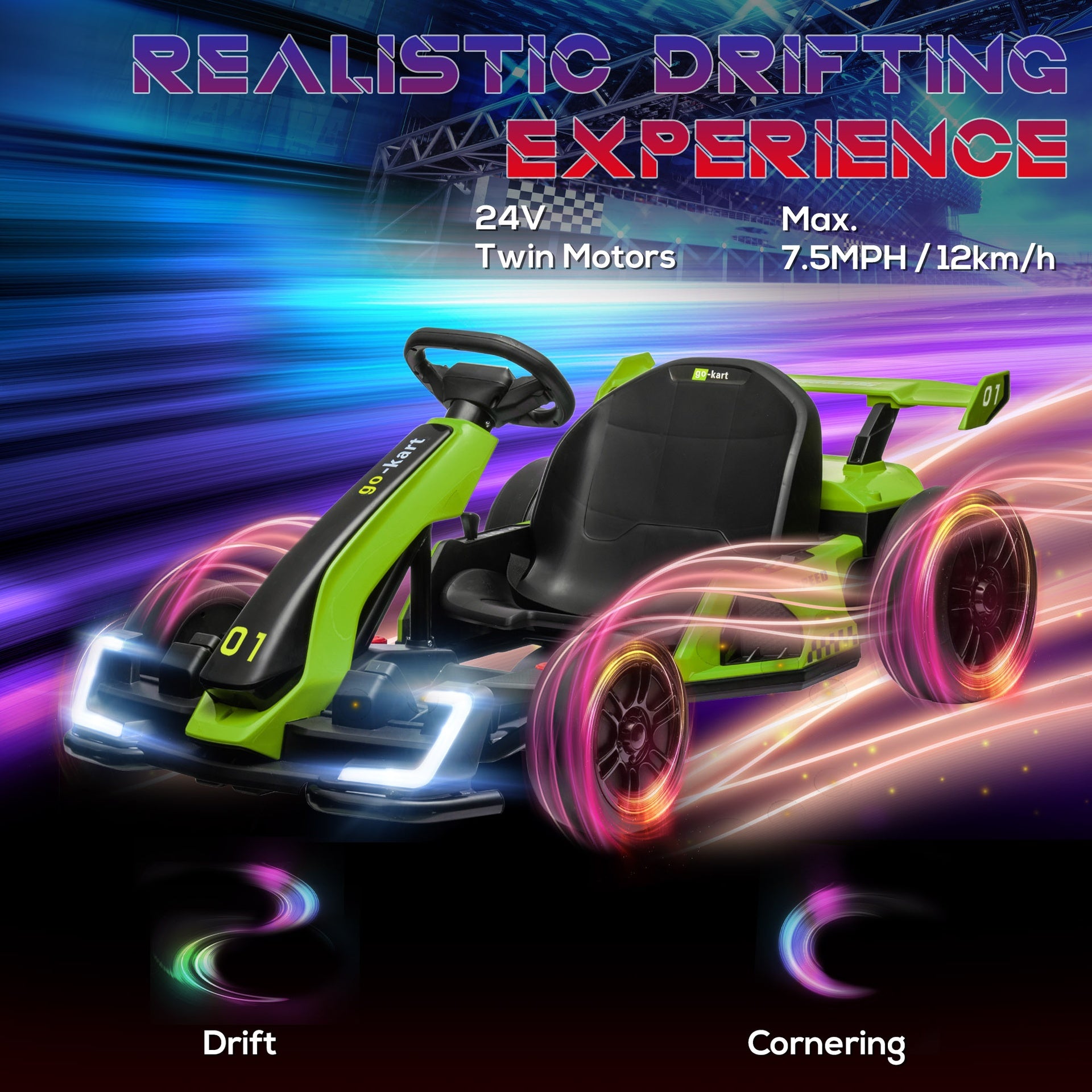 Aosom 24V 7.5 MPH Electric Go Kart with Adjustable Seat, Slow Start, Green