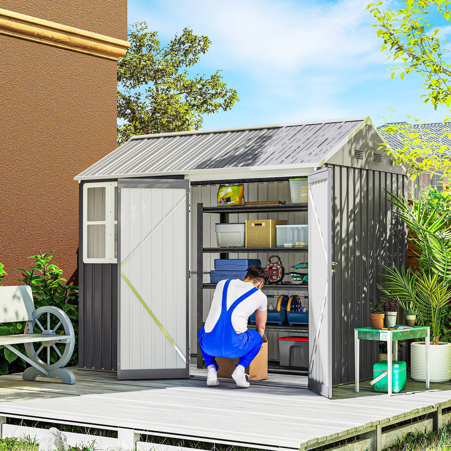 Outsunny 8' x 5.5' Metal Garden Storage Shed, Extra Large Outdoor Tool Storage House w/Lockable Doors, Window, Air Vents, Gray