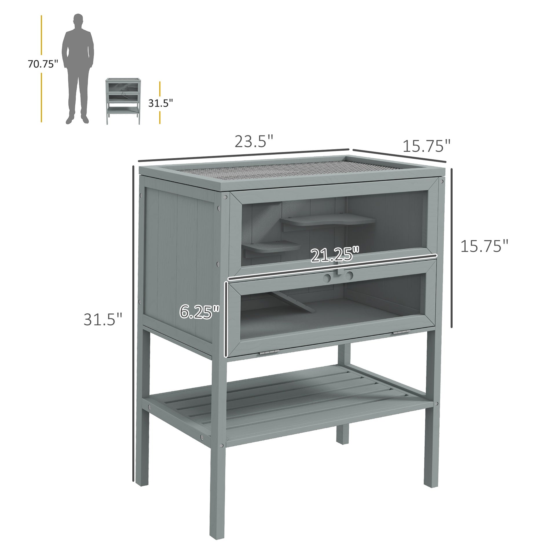 PawHut 3-Tier Wooden Hamster Cage Mice and Rat Cage Small Animals Hutch with Openable Top, Front Door, Storage Shelf, Gray