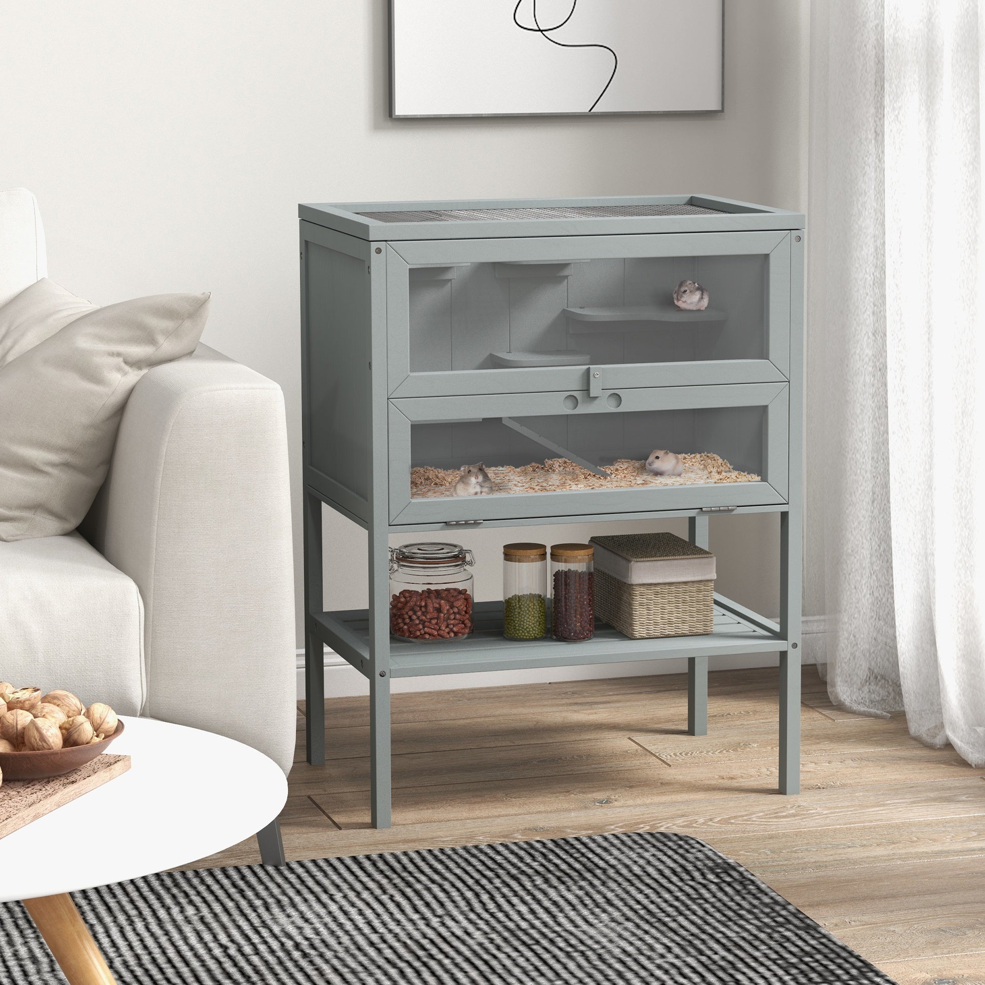 PawHut 3-Tier Wooden Hamster Cage Mice and Rat Cage Small Animals Hutch with Openable Top, Front Door, Storage Shelf, Gray