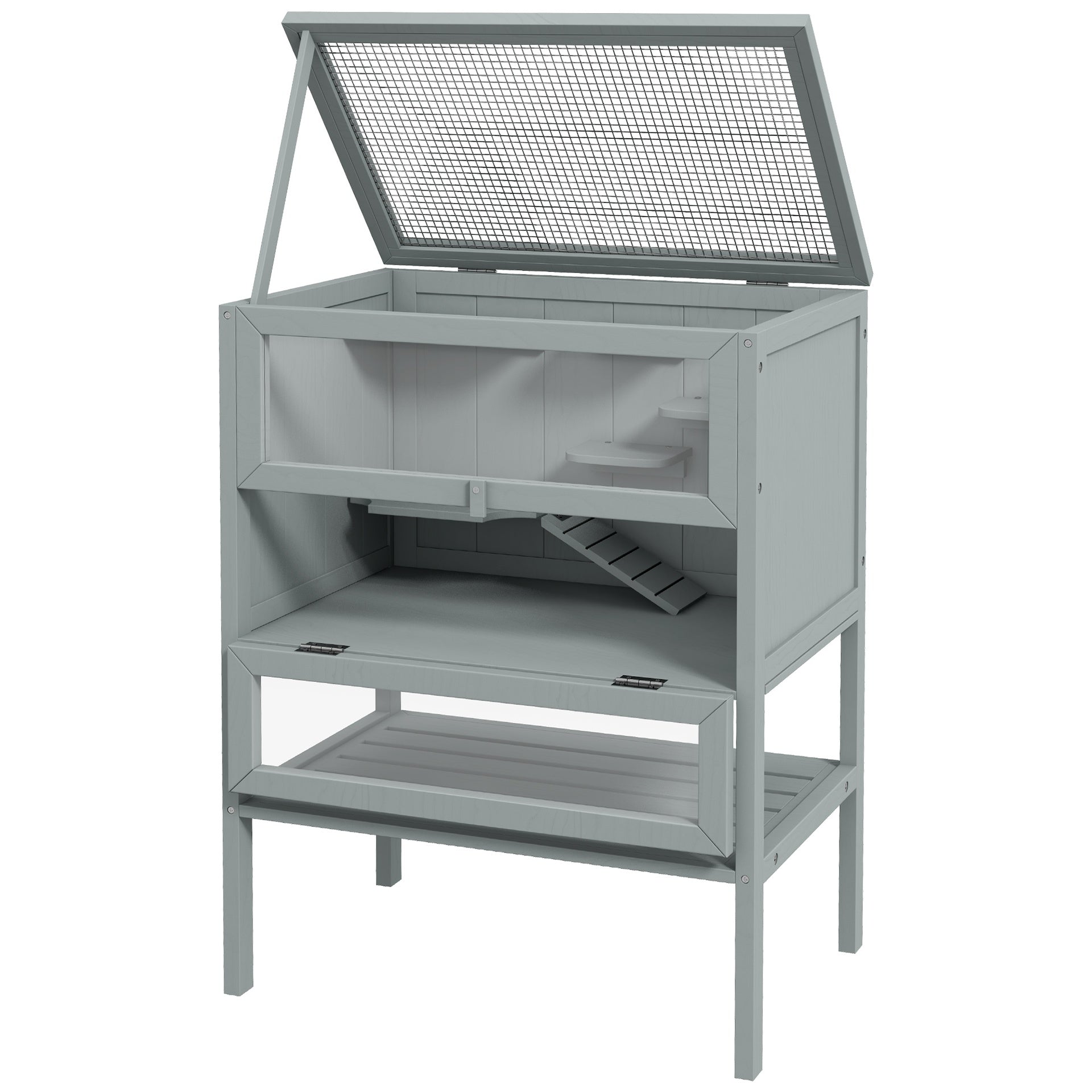 PawHut 3-Tier Wooden Hamster Cage Mice and Rat Cage Small Animals Hutch with Openable Top, Front Door, Storage Shelf, Gray