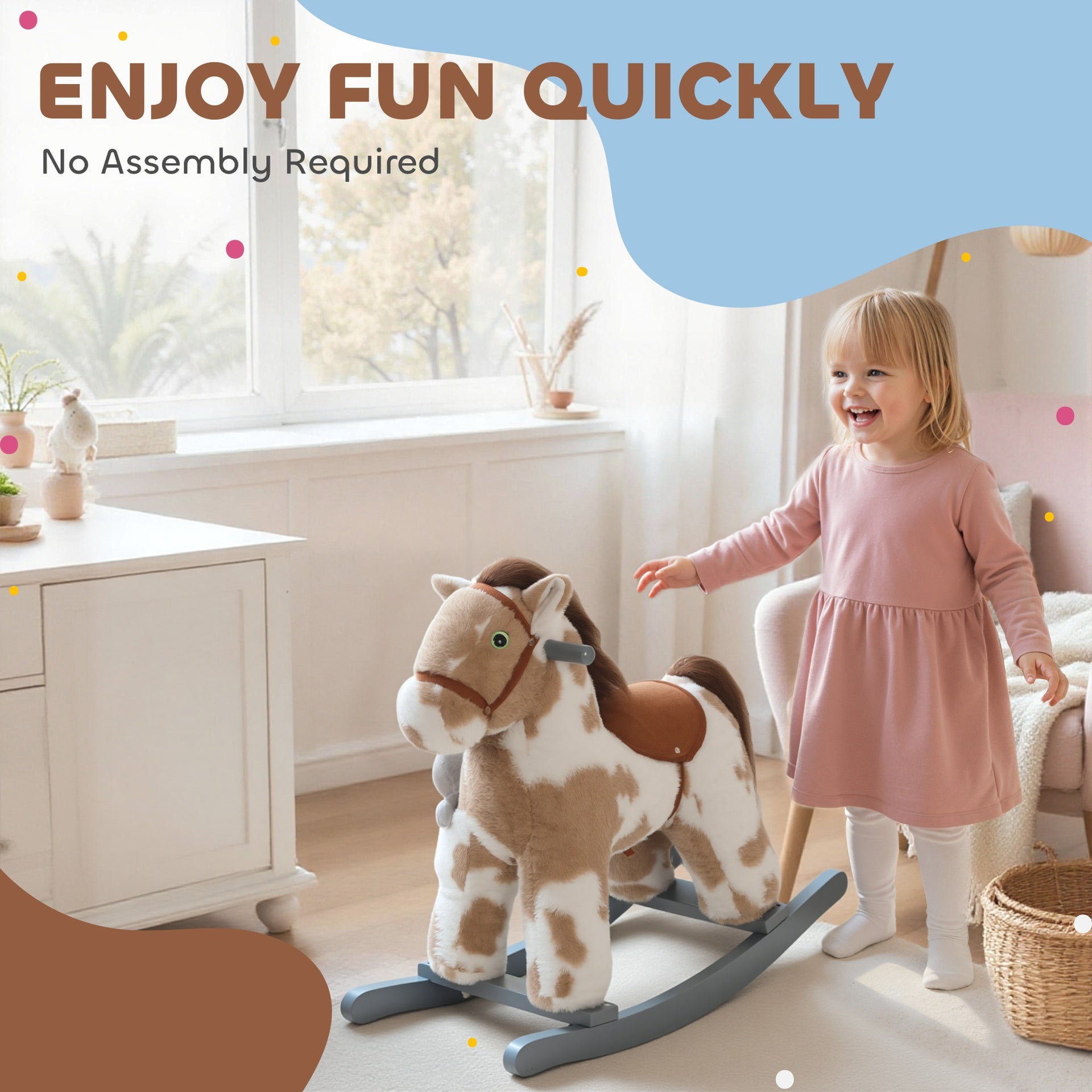 Qaba Rocking Horse, Kids Plush Horse Rocker with Rabbit Toy and Realistic Neigh for Toddlers 2–5 Years Old, Brown