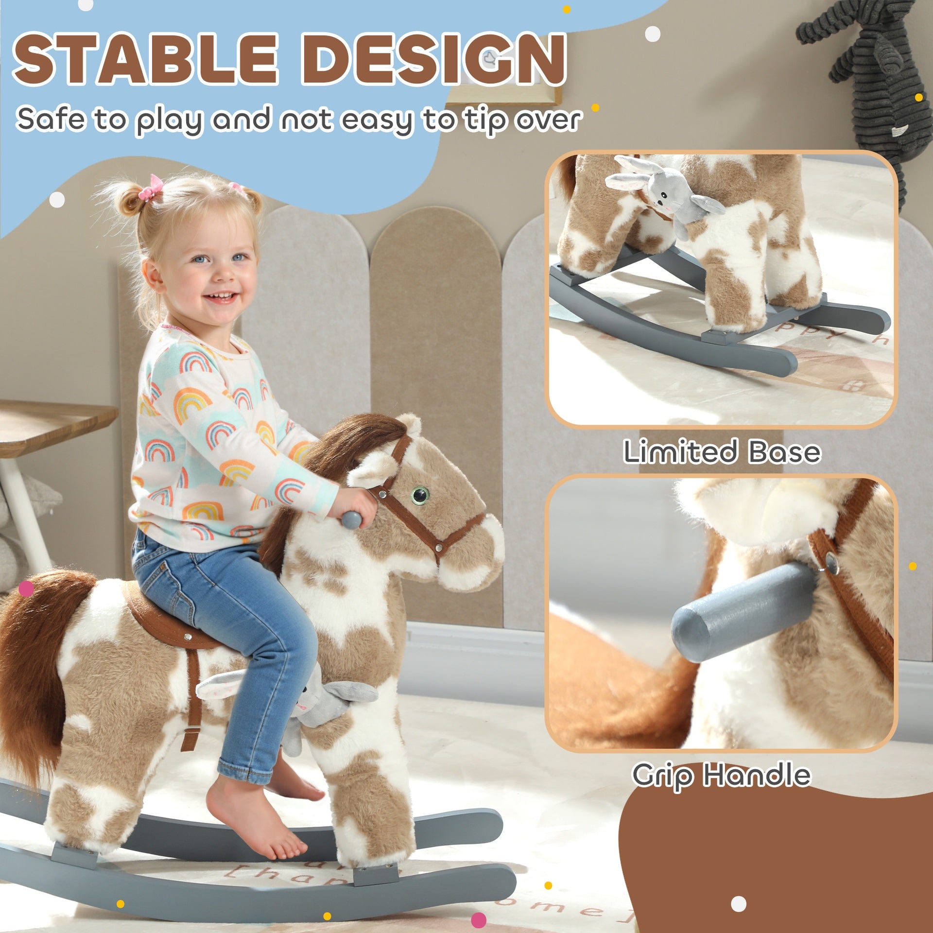 Qaba Rocking Horse, Kids Plush Horse Rocker with Rabbit Toy and Realistic Neigh for Toddlers 2–5 Years Old, Brown