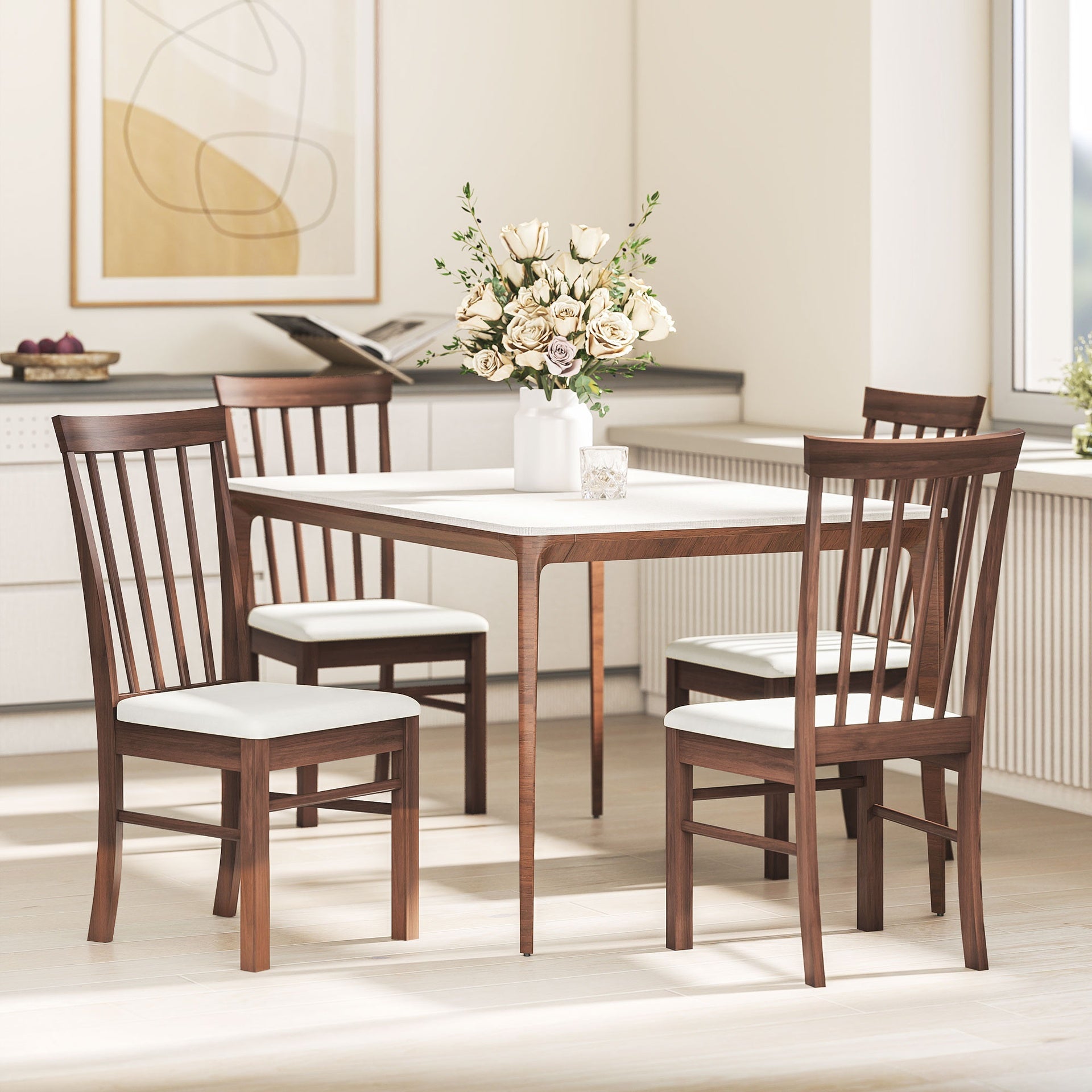 HOMCOM Wooden Dining Chairs Set of 2, Farmhouse Upholstered Kitchen Chairs with Rubber Wood Frame, Dark Brown and Beige
