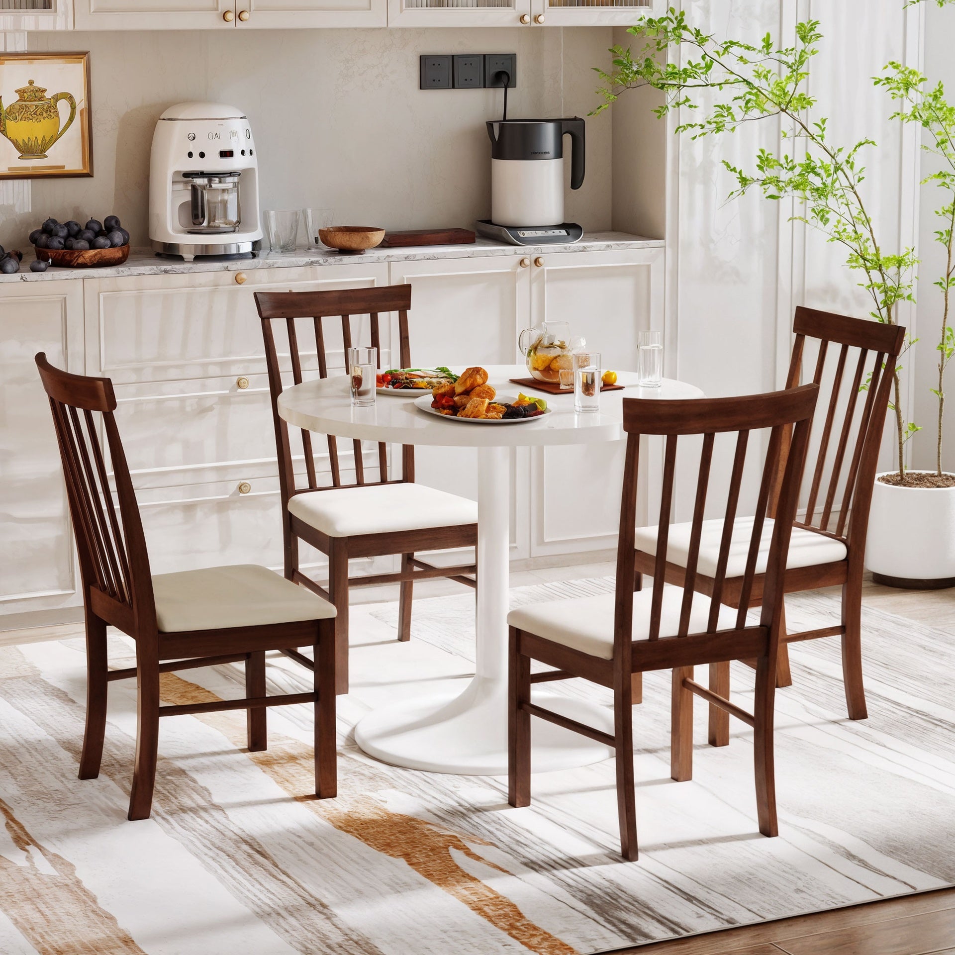 HOMCOM Wooden Dining Chairs Set of 2, Farmhouse Upholstered Kitchen Chairs with Rubber Wood Frame, Dark Brown and Beige