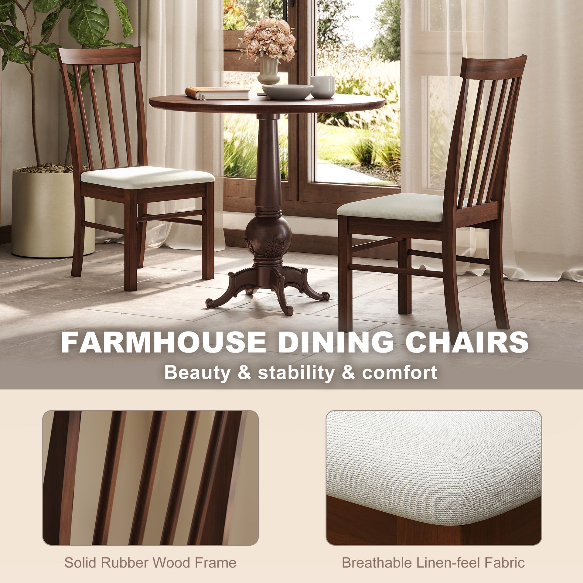 HOMCOM Wooden Dining Chairs Set of 2, Farmhouse Upholstered Kitchen Chairs with Rubber Wood Frame, Dark Brown and Beige