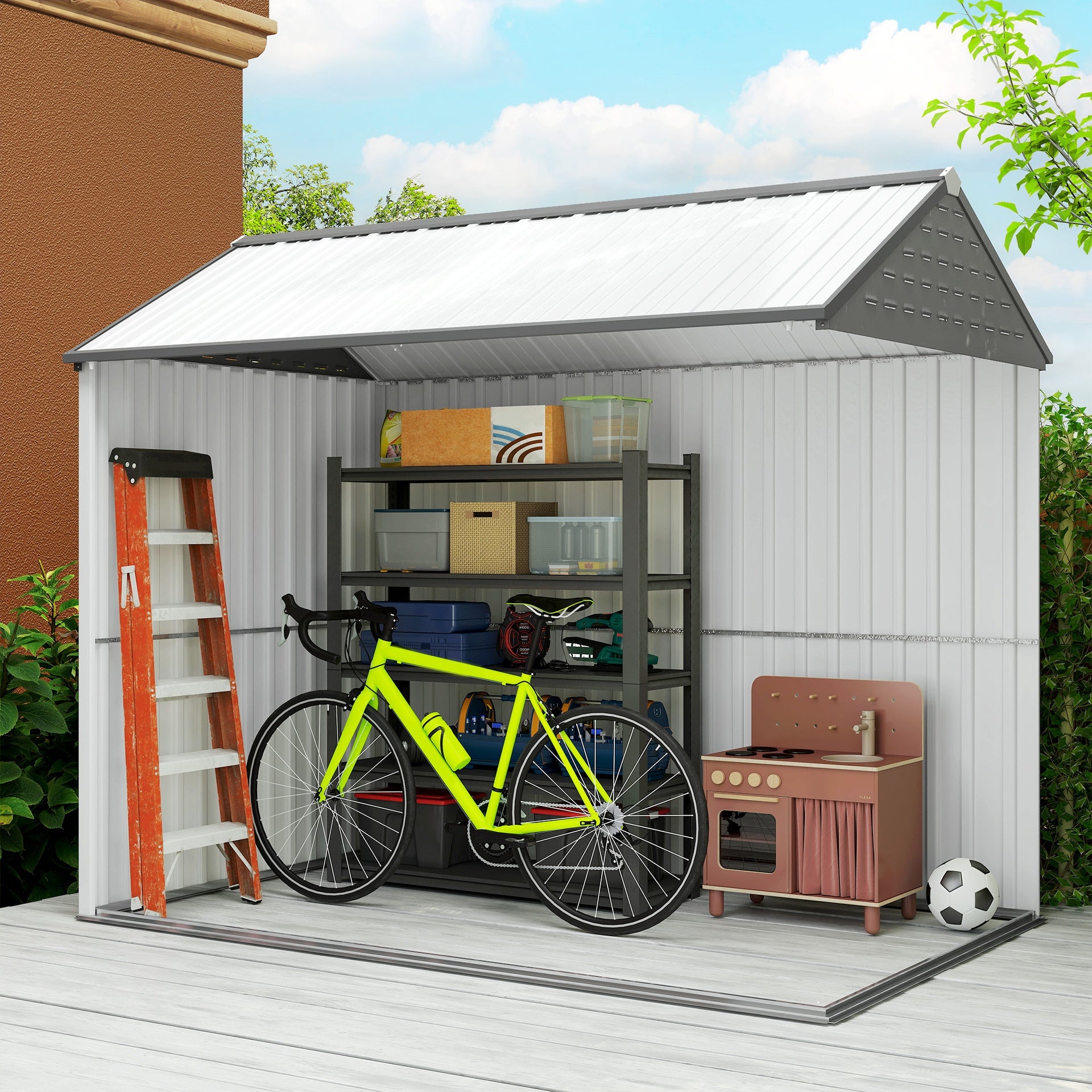 Outsunny 8' x 6' Metal Garden Storage Shed, Extra Large Outdoor Tool Storage House w/ Doors, Window and Air Vents, White