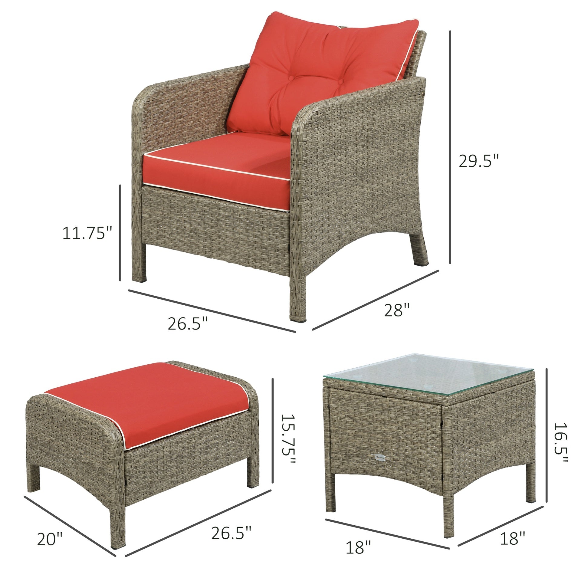 Outsunny 5 Pieces Rattan Wicker Lounge Chair Outdoor Patio Conversation Set with 2 Cushioned Chairs, 2 Ottomans and Tempered Glass Top Coffee Table, Brown/Red