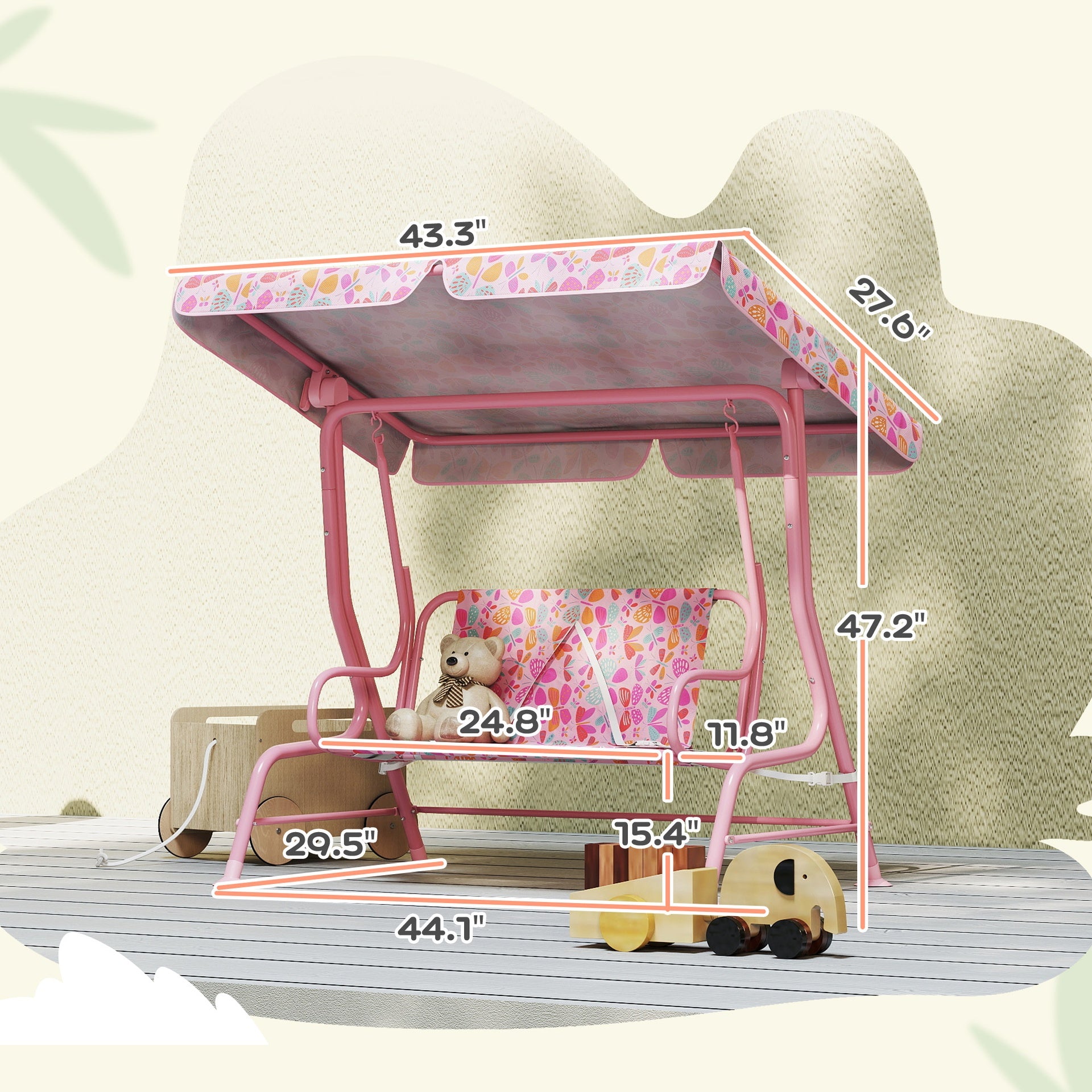 Qaba Kids Patio Swing, 2-Seater Outdoor Porch Swing with Safety Belt and Adjustable Canopy for Backyard Garden, Pink