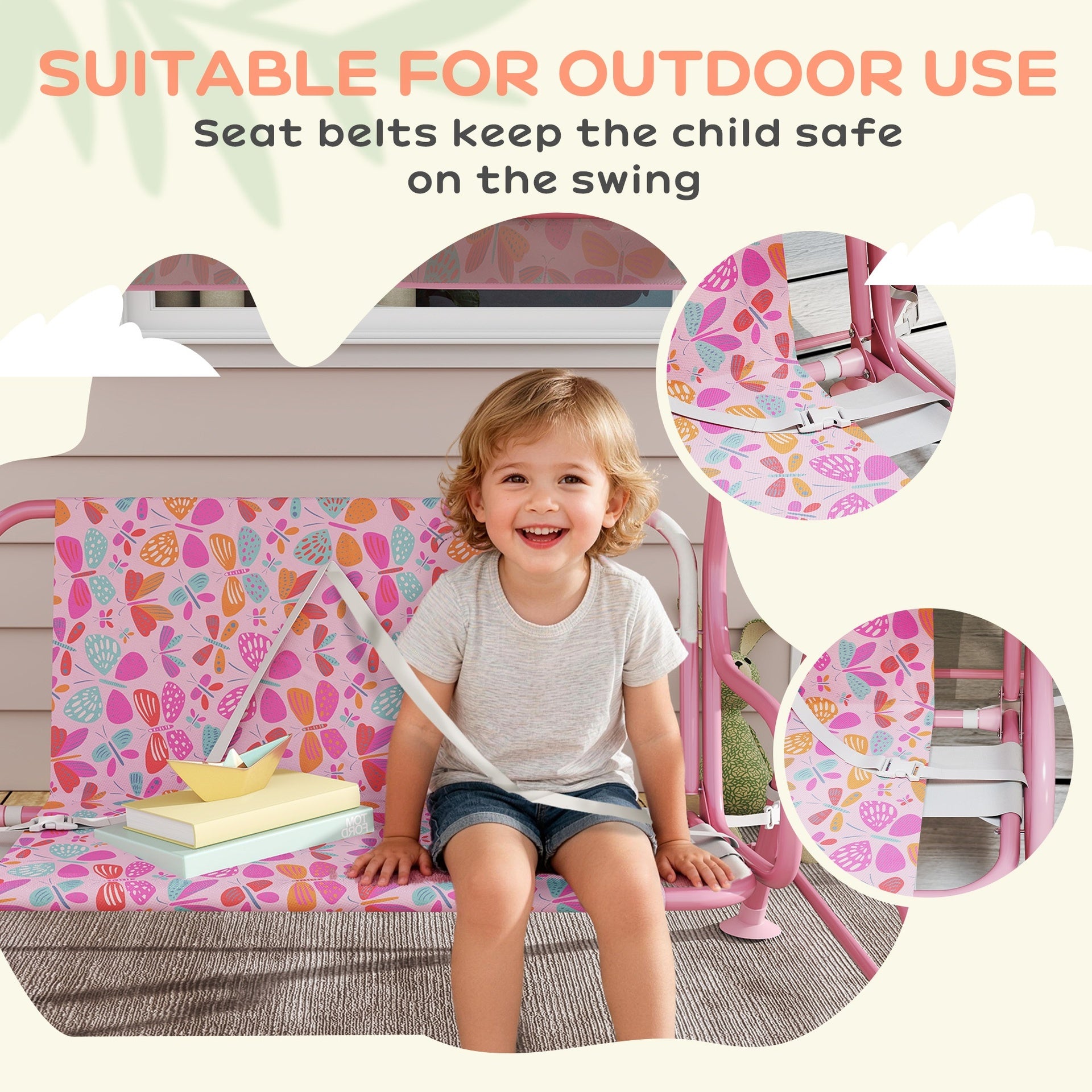Qaba Kids Patio Swing, 2-Seater Outdoor Porch Swing with Safety Belt and Adjustable Canopy for Backyard Garden, Pink