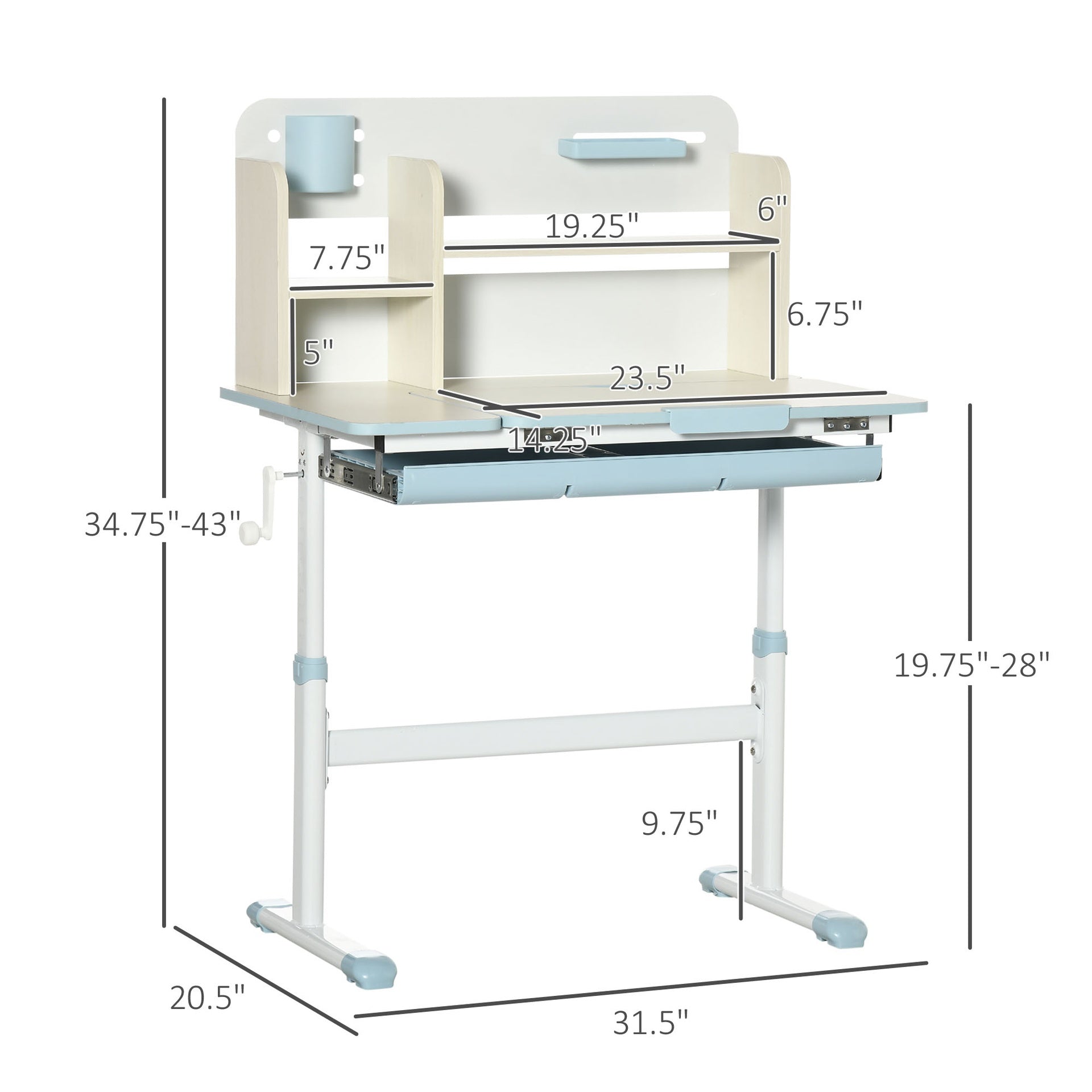 Qaba Wooden Kids Study Desk, Height Adjustable Children School Study Table, Student Writing Desk with Tilt Desktop, Drawer, Storage Shelf, Pen Holder, Blue