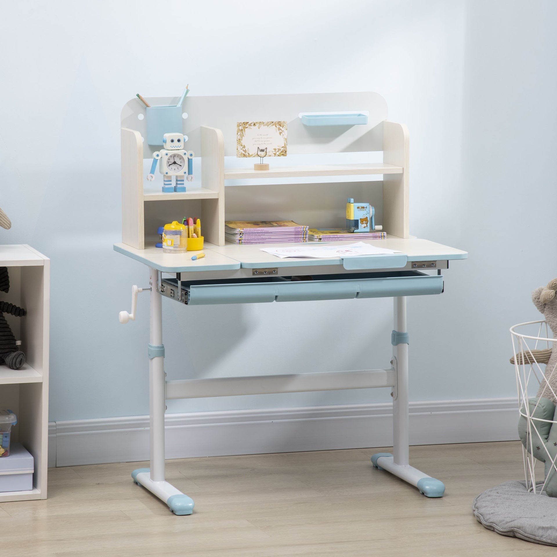 Qaba Wooden Kids Study Desk, Height Adjustable Children School Study Table, Student Writing Desk with Tilt Desktop, Drawer, Storage Shelf, Pen Holder, Blue