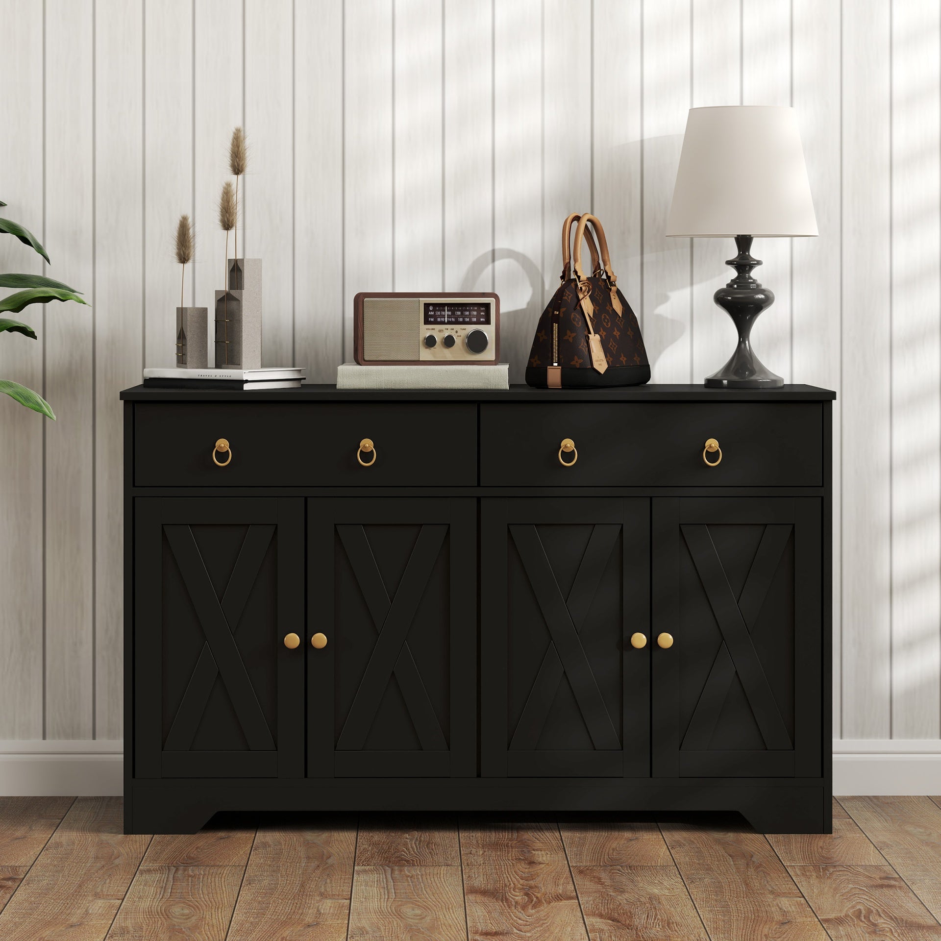 HOMCOM Kitchen Storage Sideboard, Farmhouse Buffet Cabinet with Barn Style Doors, Drawers, Adjustable Shelves, Black