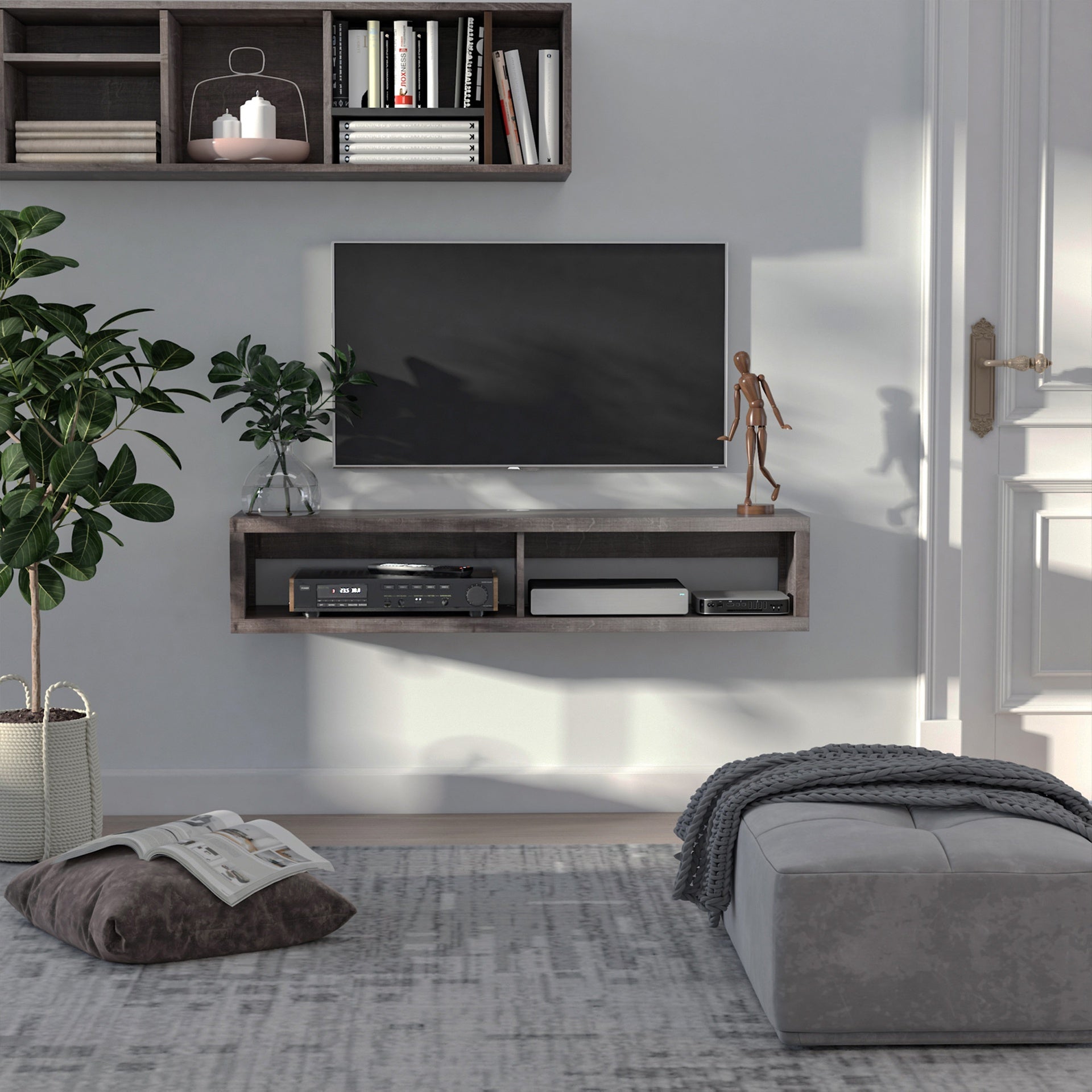 HOMCOM Wall Mounted TV Stand, Media Console Floating Storage Shelf for Living Room or Home Office, Dark Grey