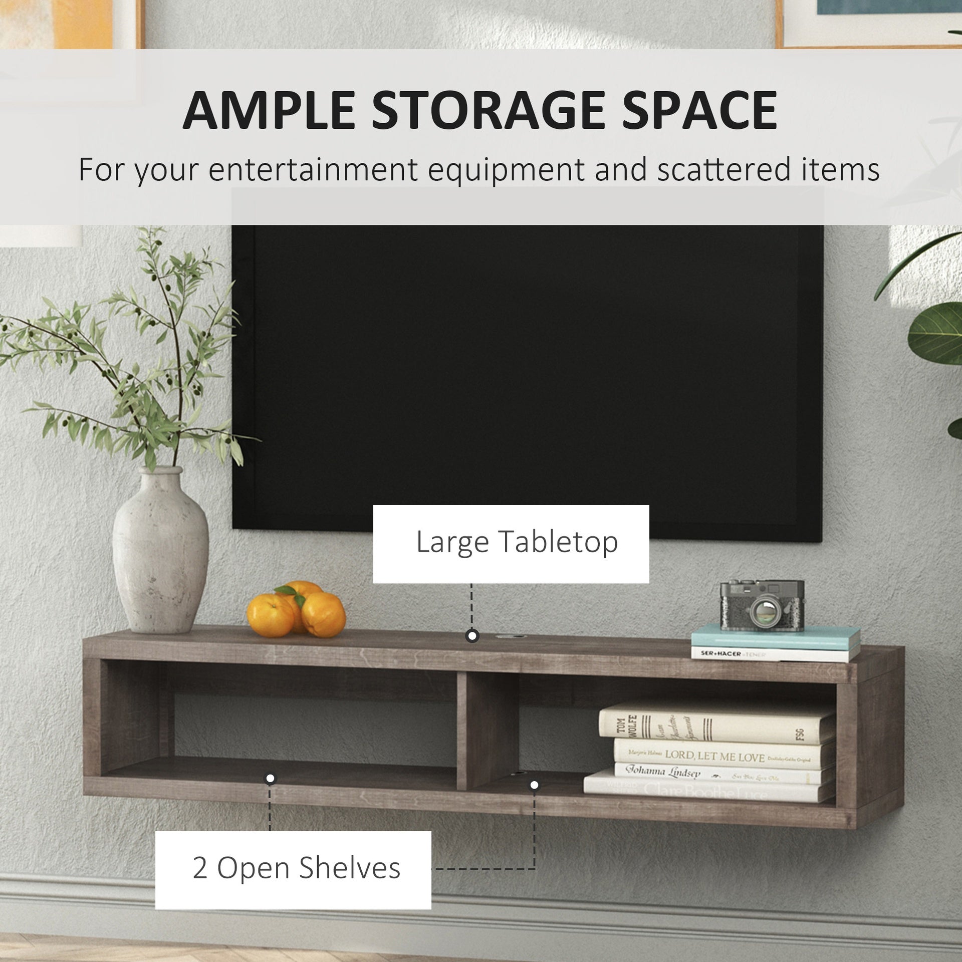 HOMCOM Wall Mounted TV Stand, Media Console Floating Storage Shelf for Living Room or Home Office, Dark Grey