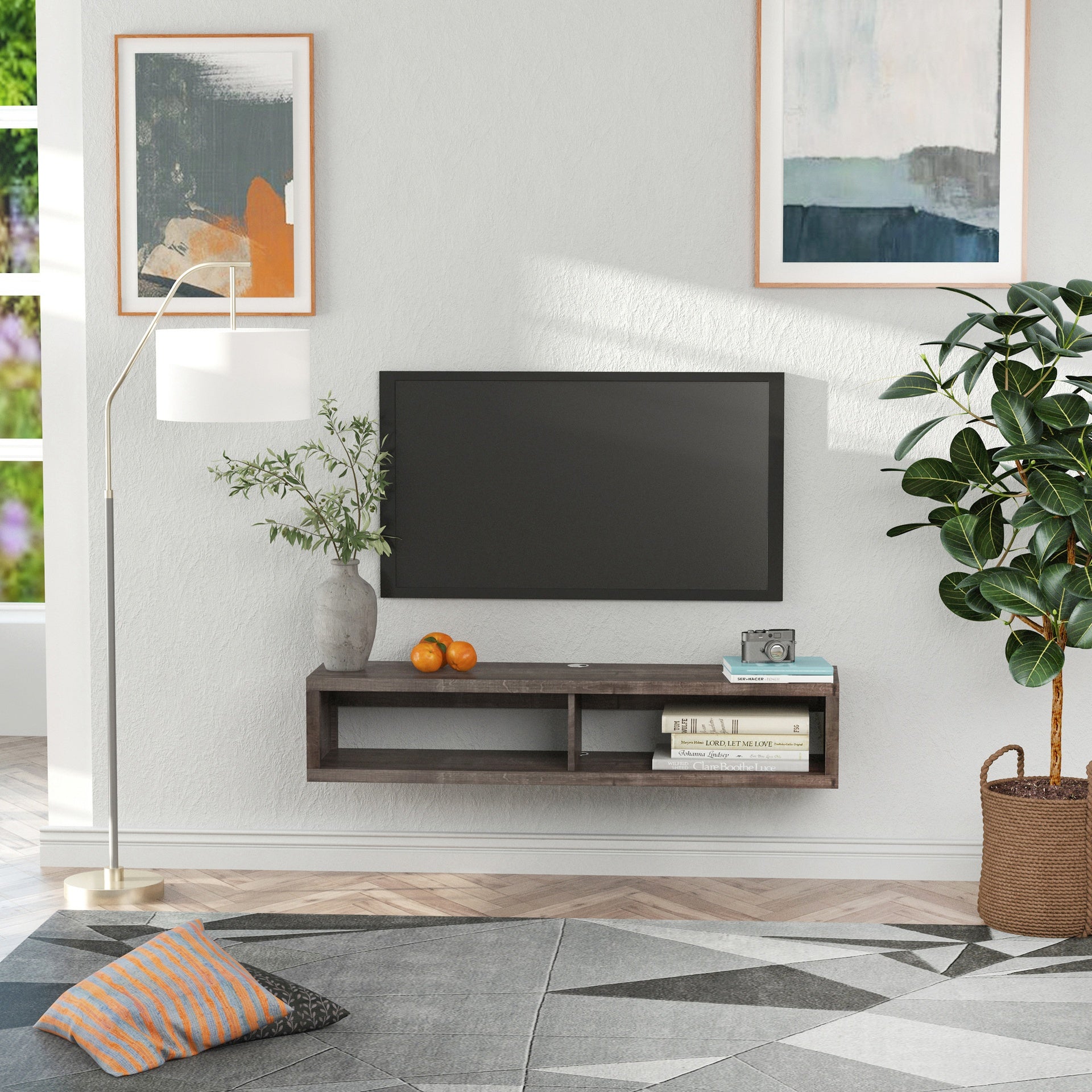 HOMCOM Wall Mounted TV Stand, Media Console Floating Storage Shelf for Living Room or Home Office, Dark Grey