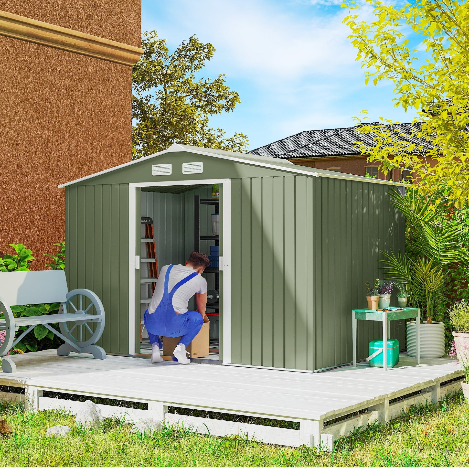 Outsunny 9' x 6' Outdoor Storage Shed, Garden Tool Metal Shed with Foundation Kit, Double Lockable Door, Air Vents and Sloping Roof, for Backyard, Patio, Lawn, Green
