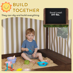 Qaba Kids Wooden Sandbox with Canopy Fully Covered, 2 Bench Seats, Bottom Liner, 56" x 40" x 52", Brown
