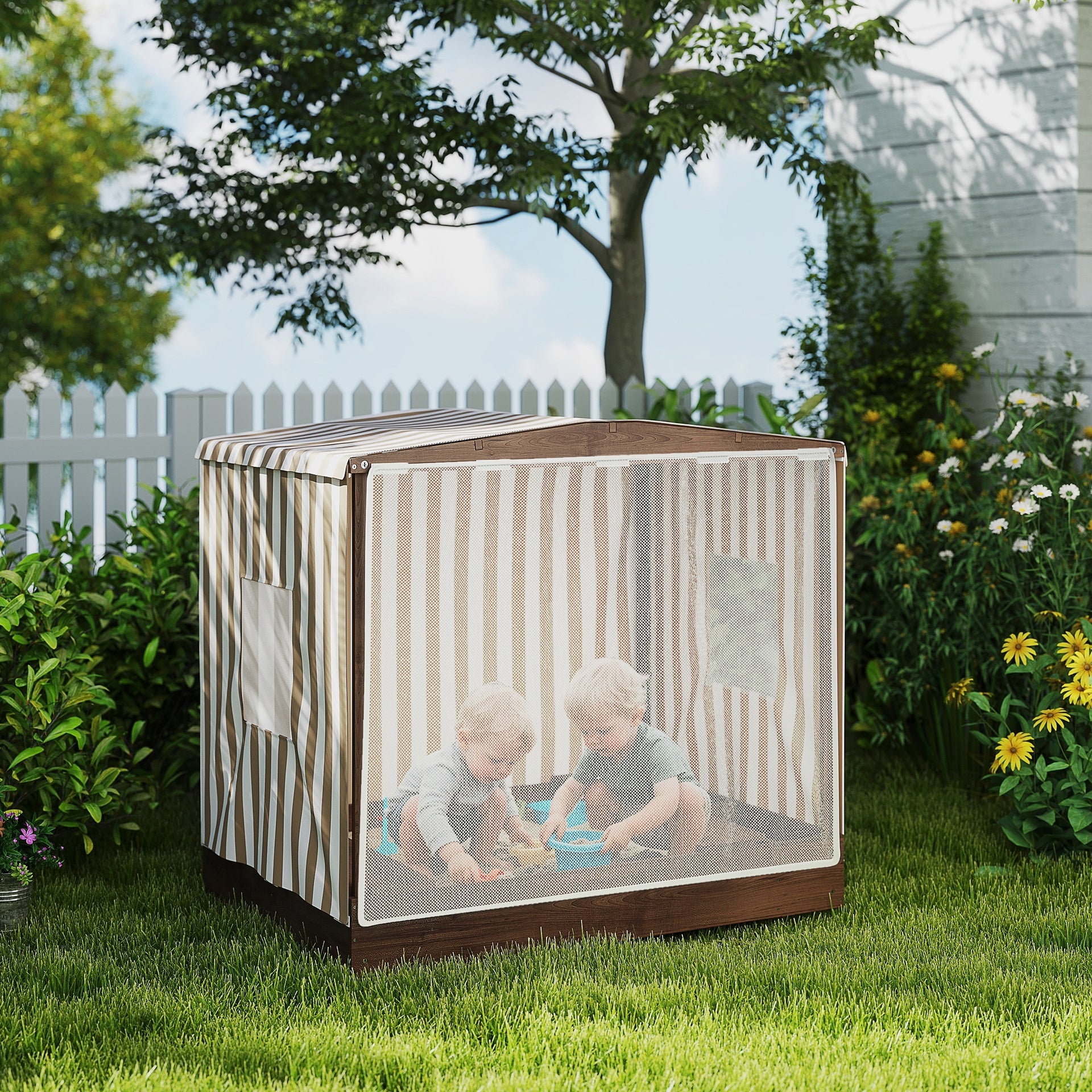 Qaba Kids Wooden Sandbox with Canopy Fully Covered, 2 Bench Seats, Bottom Liner, 56" x 40" x 52", Brown