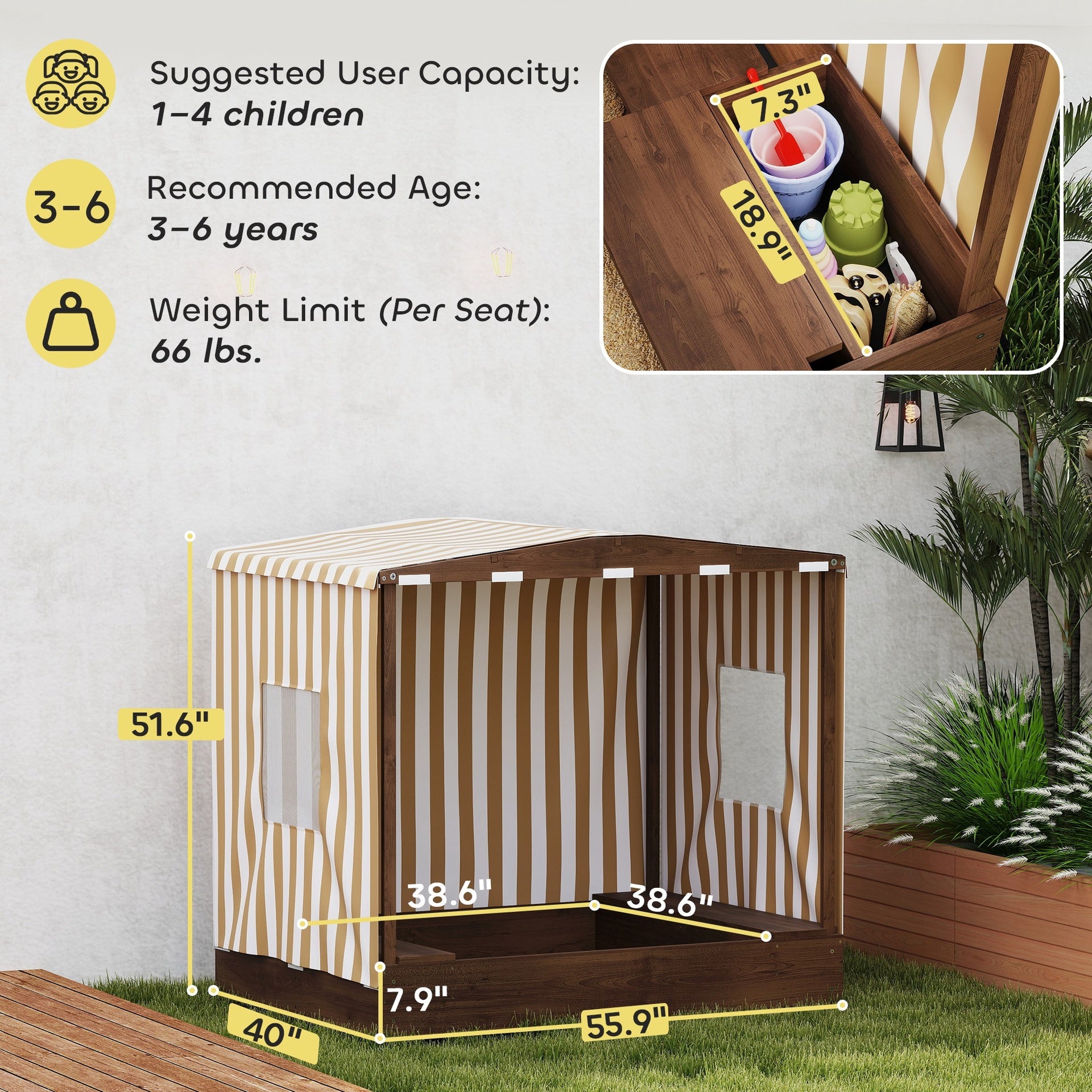 Qaba Kids Wooden Sandbox with Canopy Fully Covered, 2 Bench Seats, Bottom Liner, 56" x 40" x 52", Brown