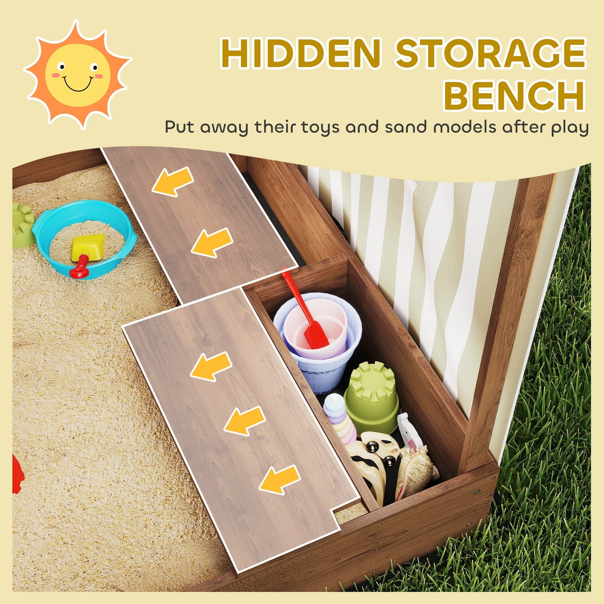 Qaba Kids Wooden Sandbox with Canopy Fully Covered, 2 Bench Seats, Bottom Liner, 56" x 40" x 52", Brown