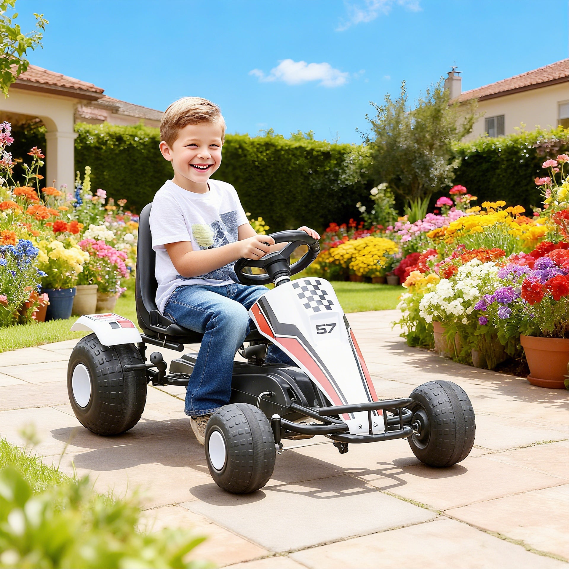 Aosom Pedal Go Kart Children Ride on Car Racing Style with Adjustable Seat, Plastic Wheels, Handbrake and Shift Lever, White