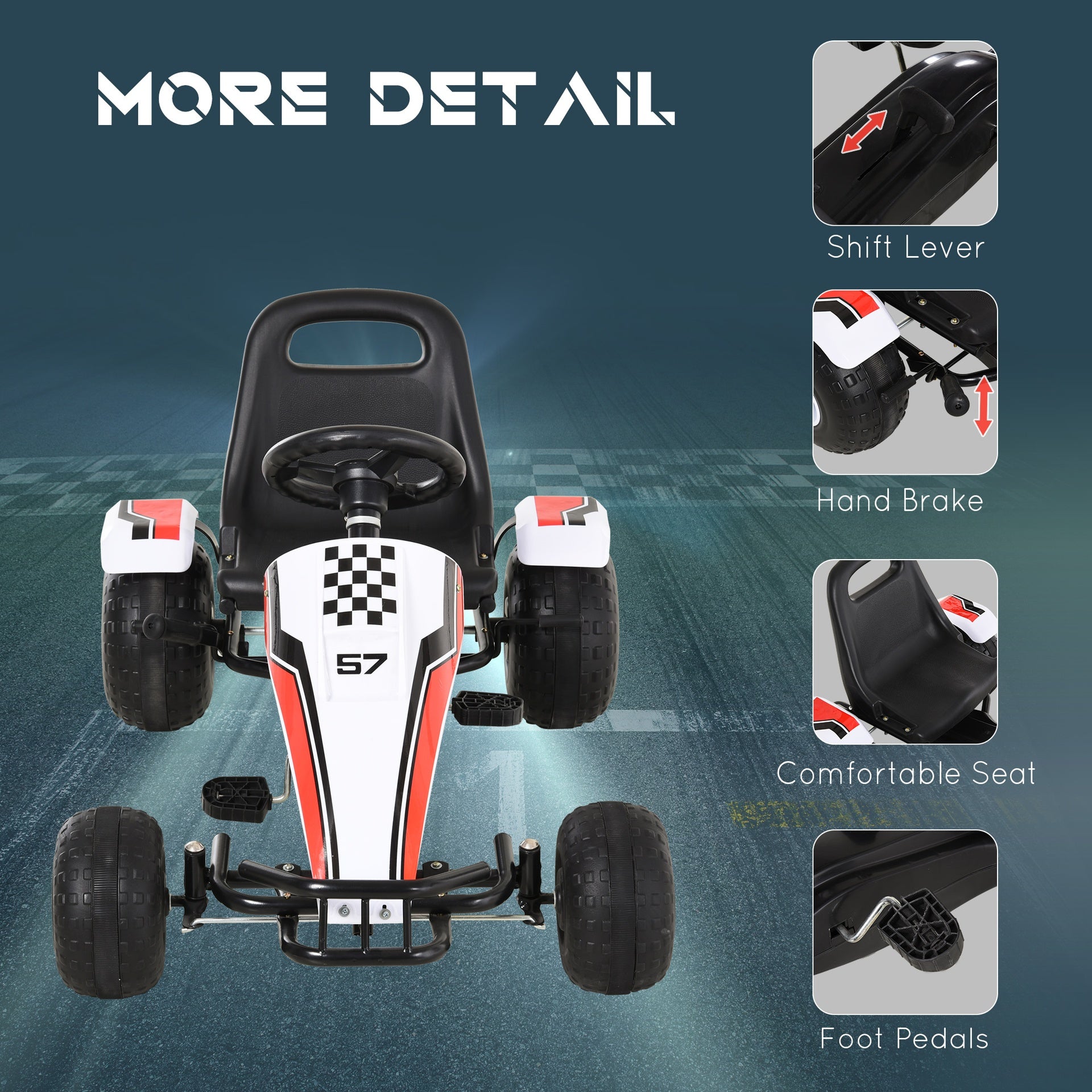 Aosom Pedal Go Kart Children Ride on Car Racing Style with Adjustable Seat, Plastic Wheels, Handbrake and Shift Lever, White