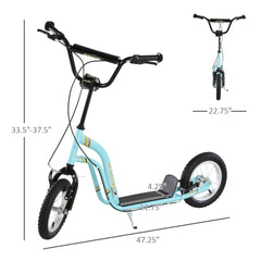 Aosom Youth Scooter Front and Rear Caliper Dual Brakes 12-Inch Inflatable Front Wheel Ride On Toy For Age 5+ - Blue