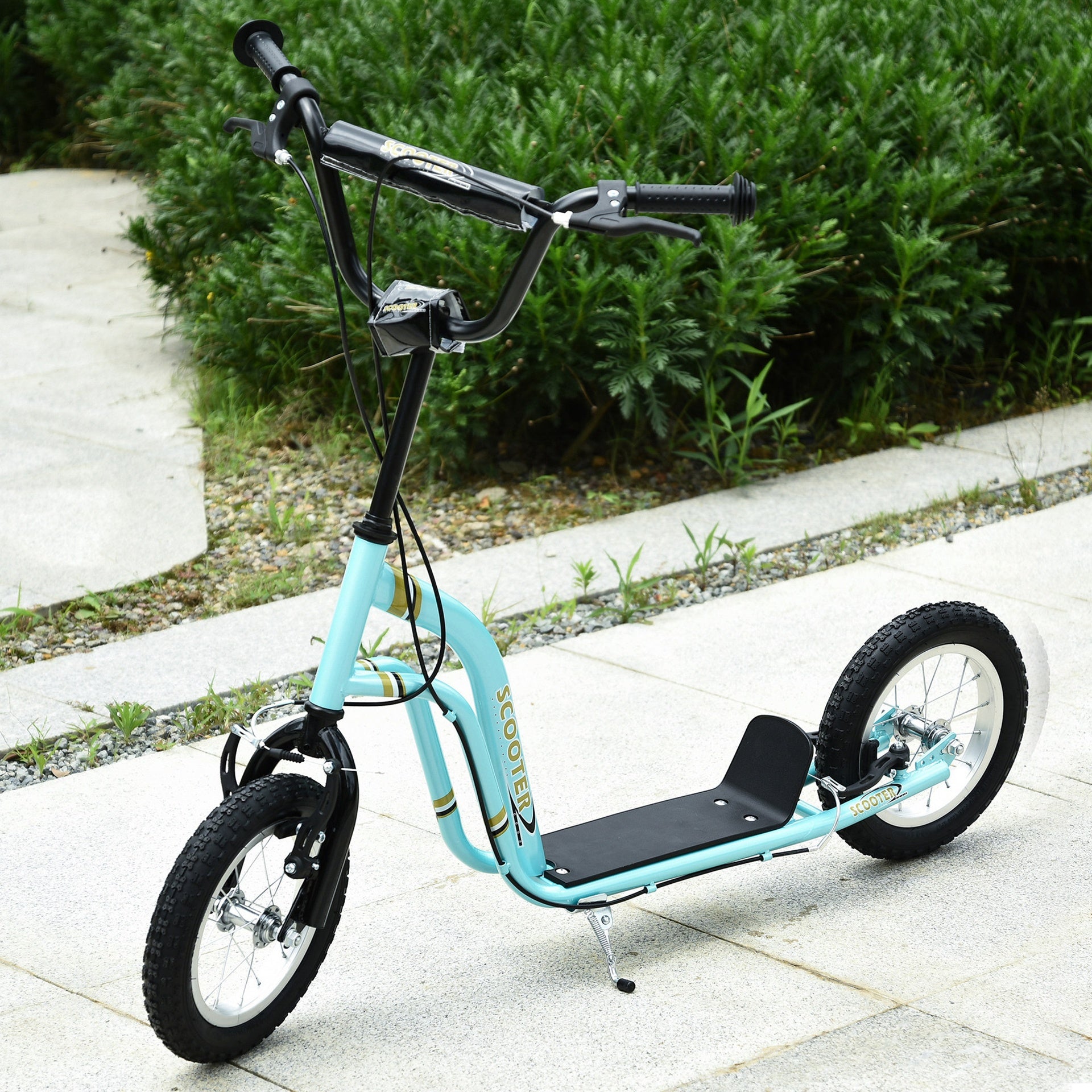Aosom Youth Scooter Front and Rear Caliper Dual Brakes 12-Inch Inflatable Front Wheel Ride On Toy For Age 5+ - Blue
