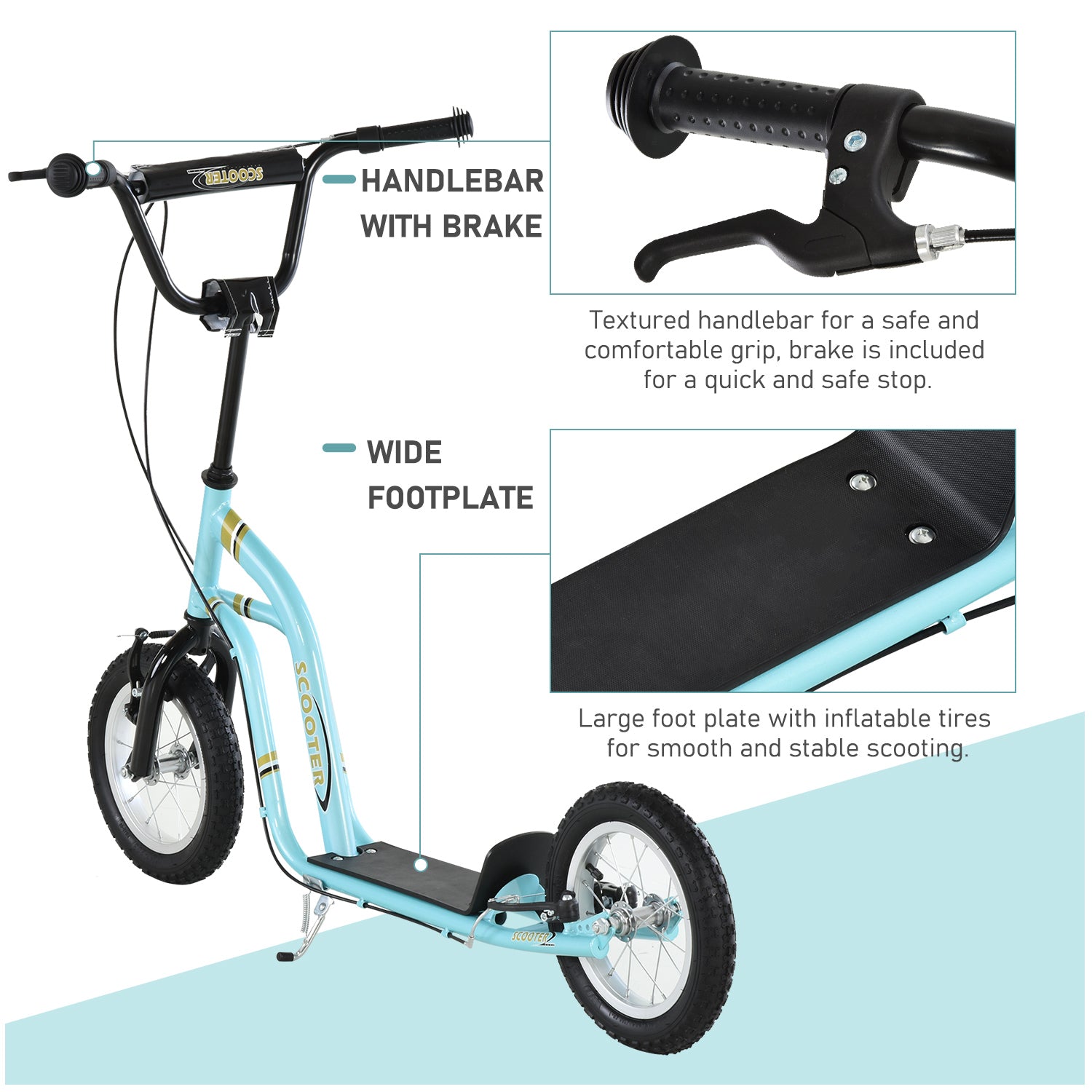 Aosom Youth Scooter Front and Rear Caliper Dual Brakes 12-Inch Inflatable Front Wheel Ride On Toy For Age 5+ - Blue