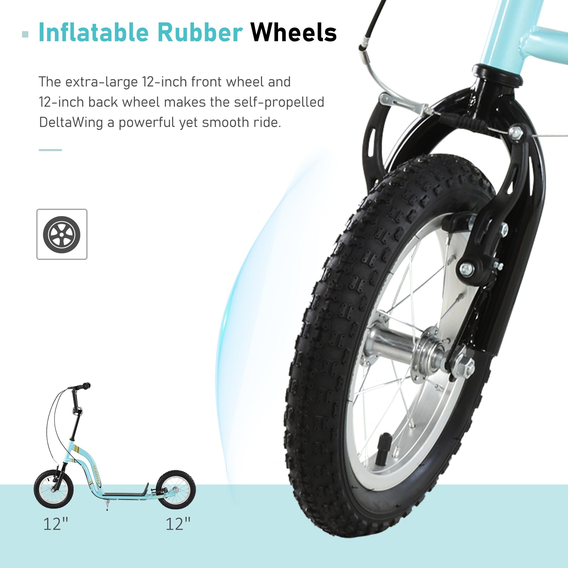 Aosom Youth Scooter Front and Rear Caliper Dual Brakes 12-Inch Inflatable Front Wheel Ride On Toy For Age 5+ - Blue