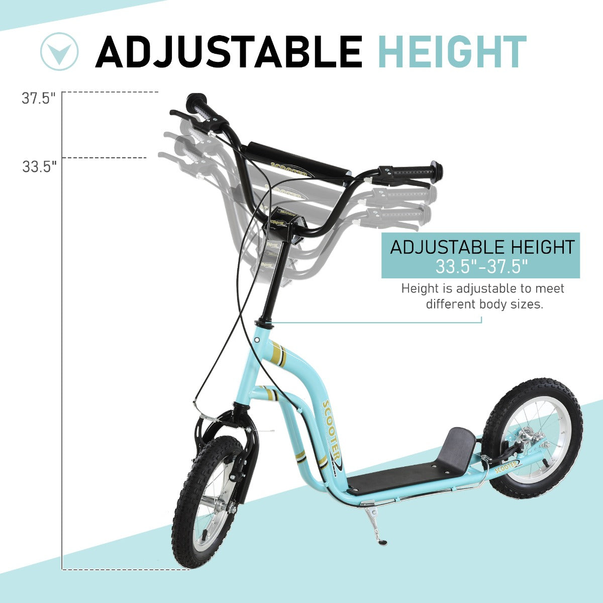 Aosom Youth Scooter Front and Rear Caliper Dual Brakes 12-Inch Inflatable Front Wheel Ride On Toy For Age 5+ - Blue