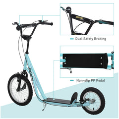 Aosom Teens Youth Scooter Ride On Toy with Adjustable Handlebar, Dual Brakes, and Inflatable Wheels For Kids 5+, Blue