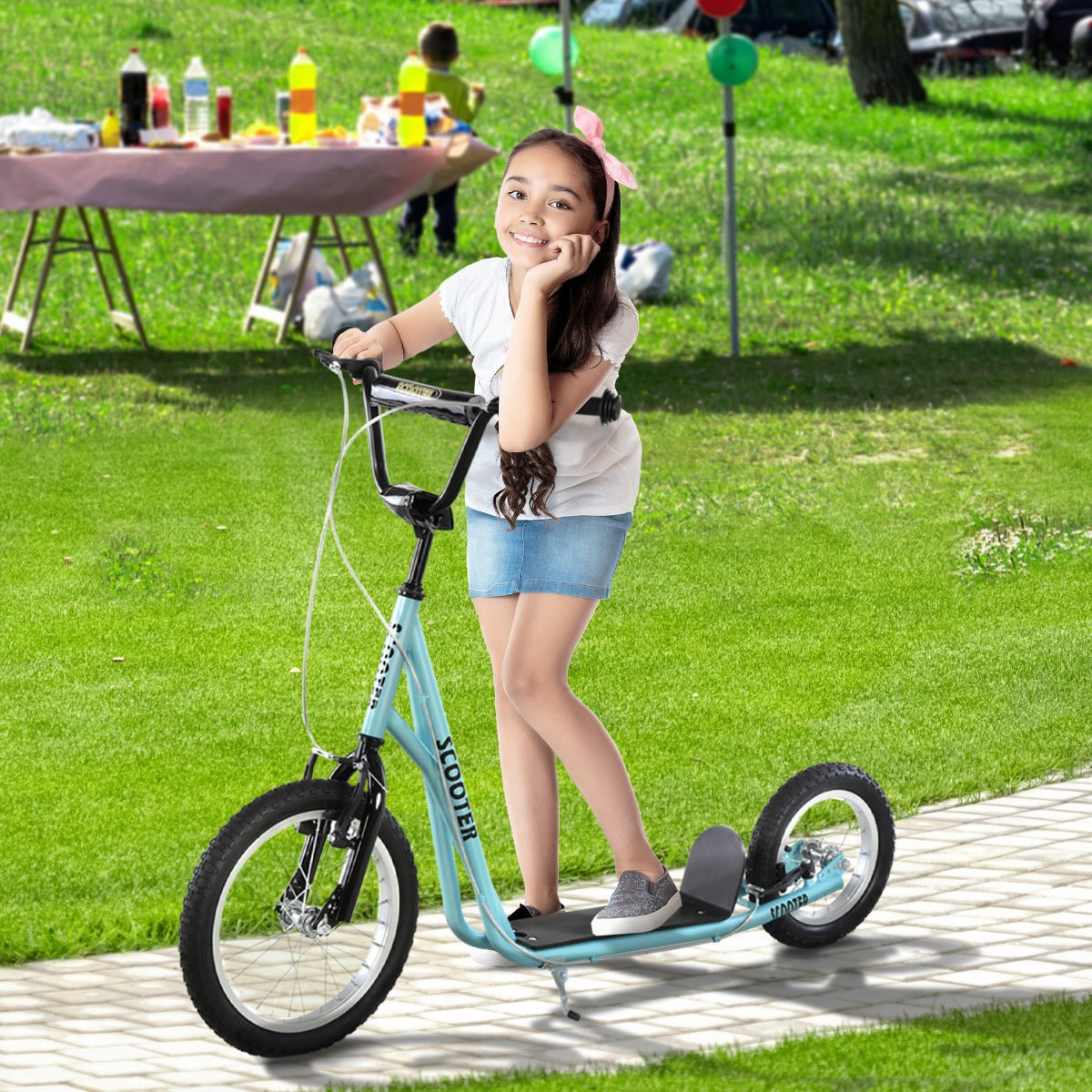 Aosom Teens Youth Scooter Ride On Toy with Adjustable Handlebar, Dual Brakes, and Inflatable Wheels For Kids 5+, Blue