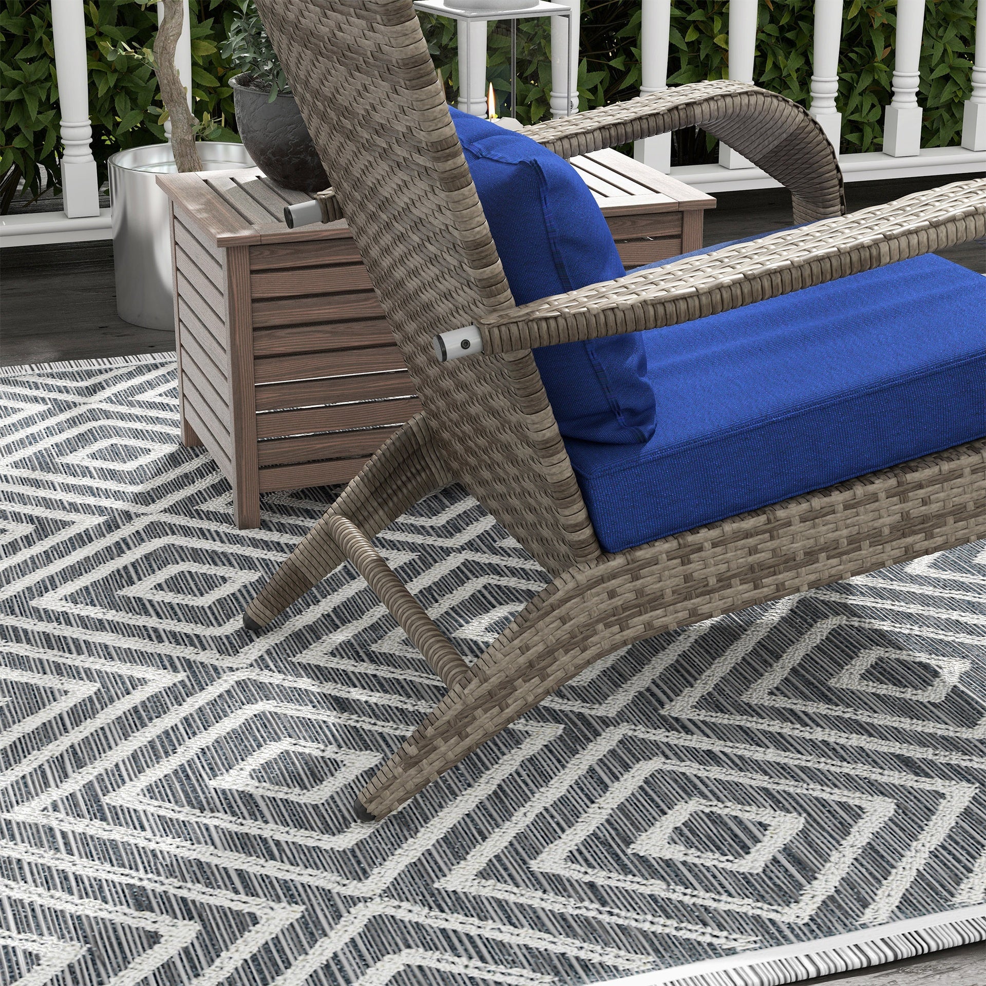Outsunny Wicker Adirondack Chair Fire Pit Chair w/ Ottoman & Cushions, Blue